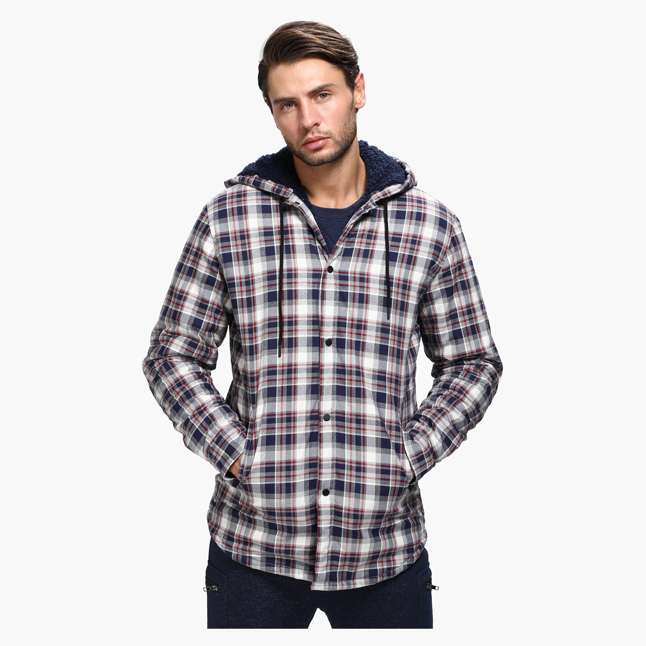 Chequered Sweatshirt with Hood and Long Sleeves-men-winterwear-hoodiesandsweatshirts-image-1