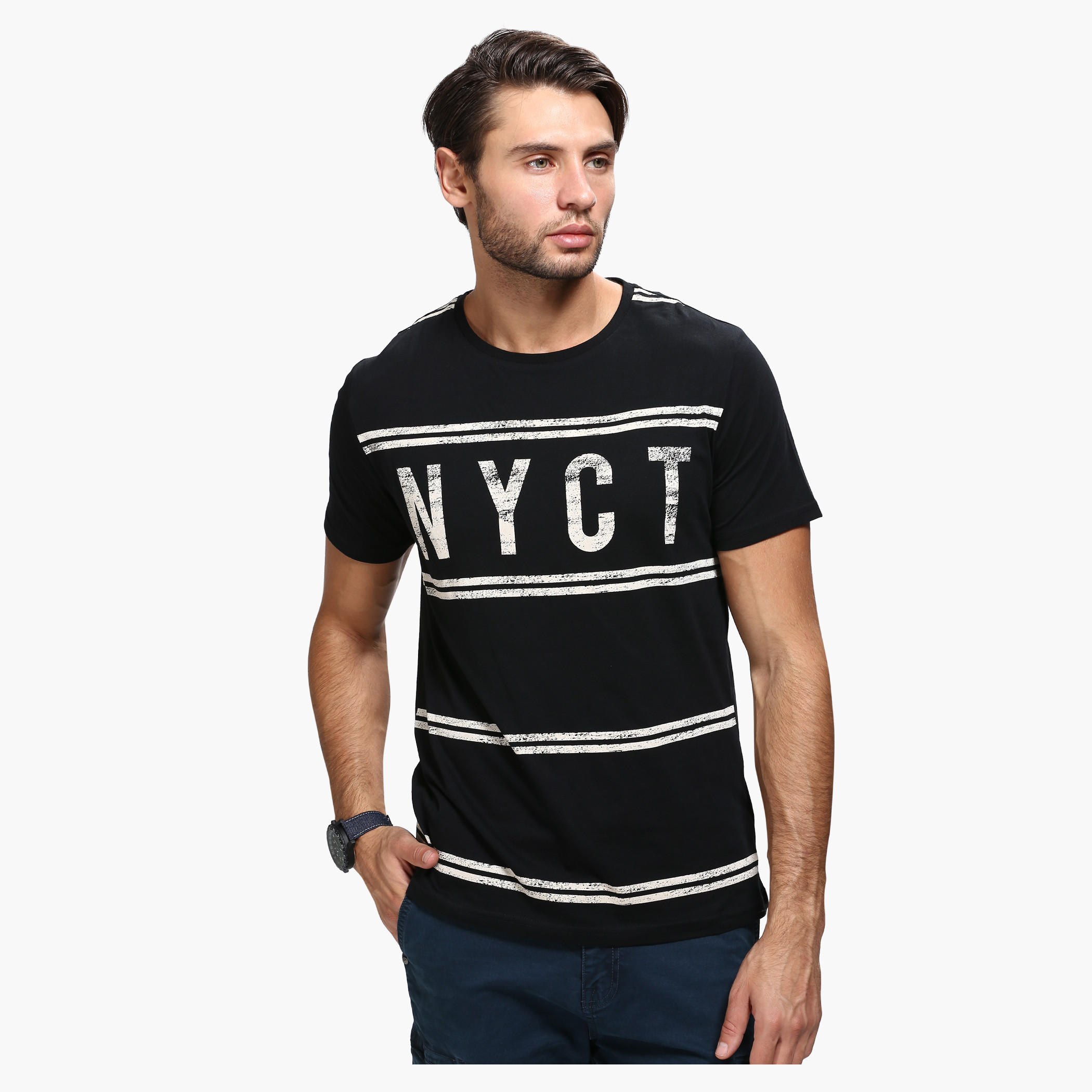 Printed Crew Neck T-Shirt with Short Sleeves in Slim Fit-men-clothing-tshirtsandpolos-tshirts-image-1
