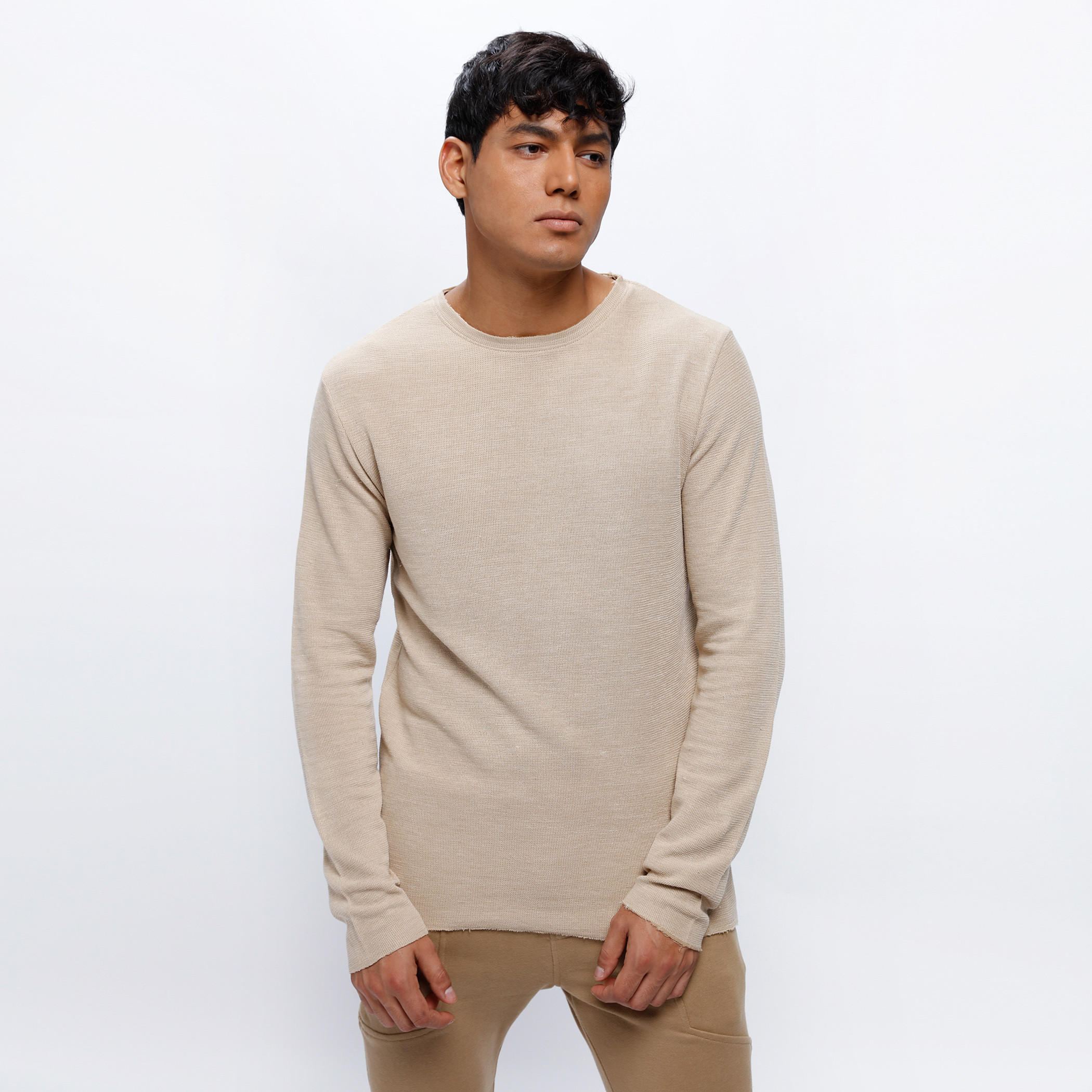 Textured Crew Neck T-Shirt with Long Sleeves-men-clothing-tshirtsandpolos-tshirts-image-5