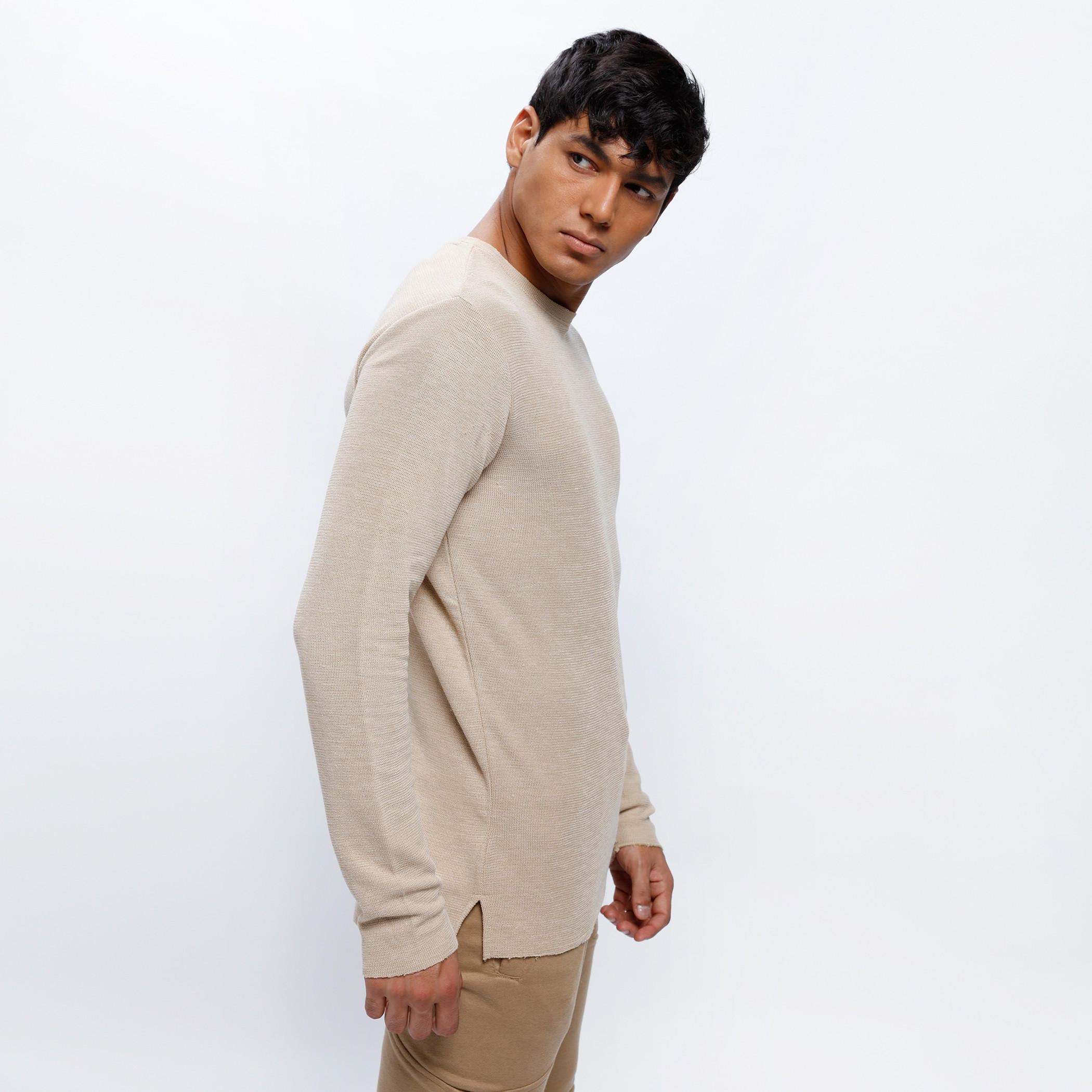 Textured Crew Neck T-Shirt with Long Sleeves-men-clothing-tshirtsandpolos-tshirts-image-3