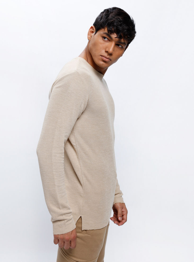 Textured Crew Neck T-Shirt with Long Sleeves-men-clothing-tshirtsandpolos-tshirts-image-3