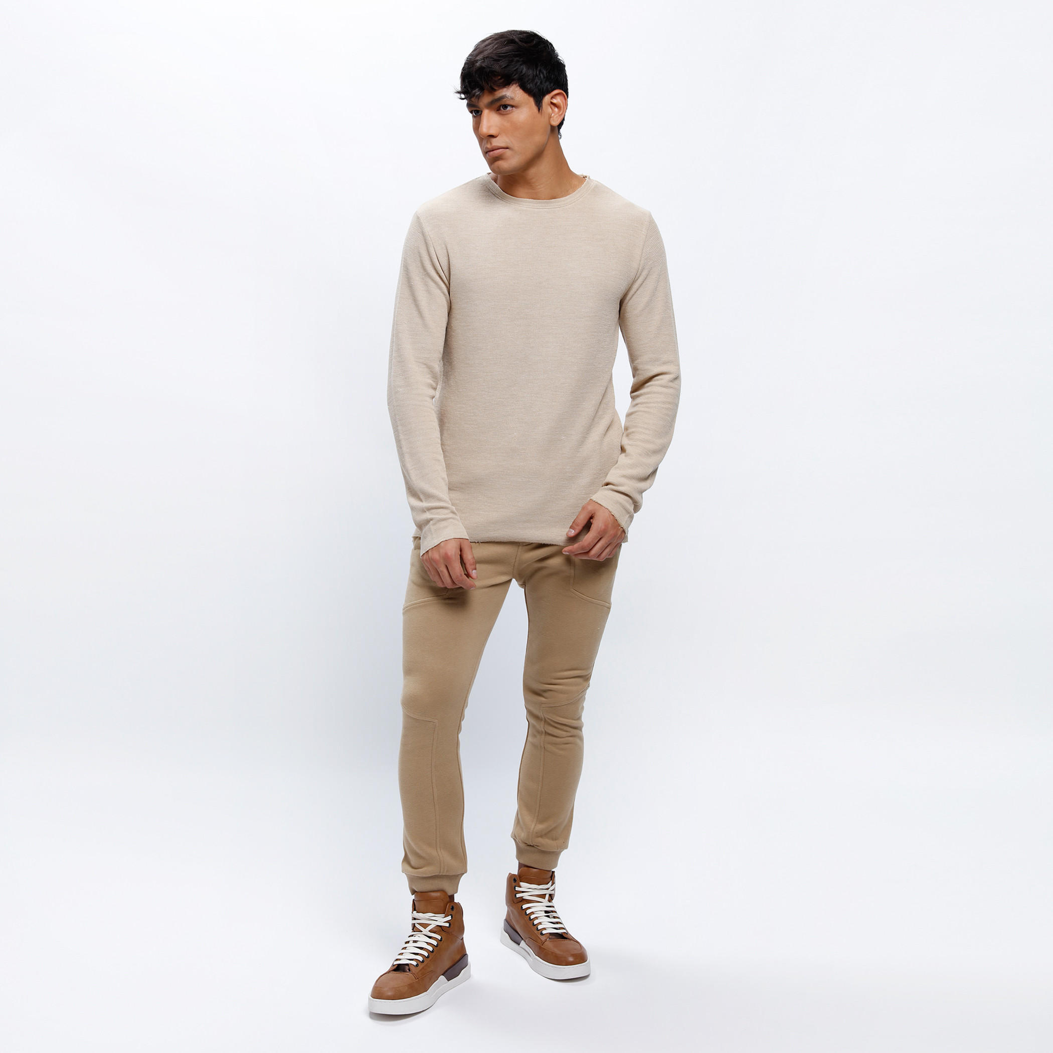 Textured Crew Neck T-Shirt with Long Sleeves-men-clothing-tshirtsandpolos-tshirts-image-1
