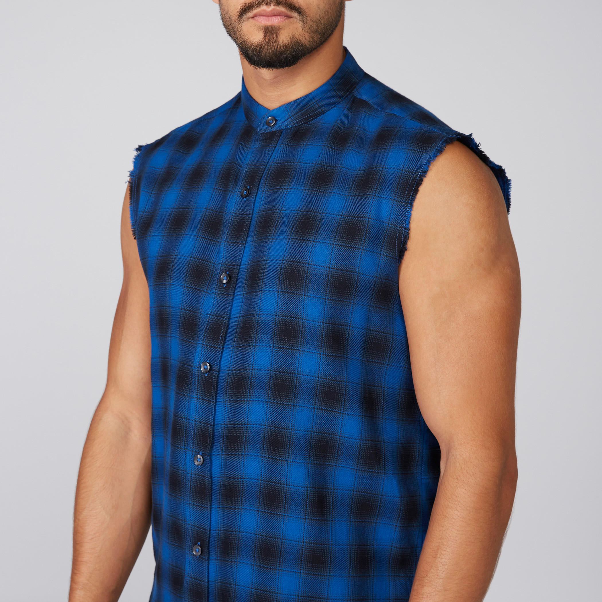 قميص كاروهات دون أكمام بياقة ماندارين وأزرار-men-clothing-shirts-image-2