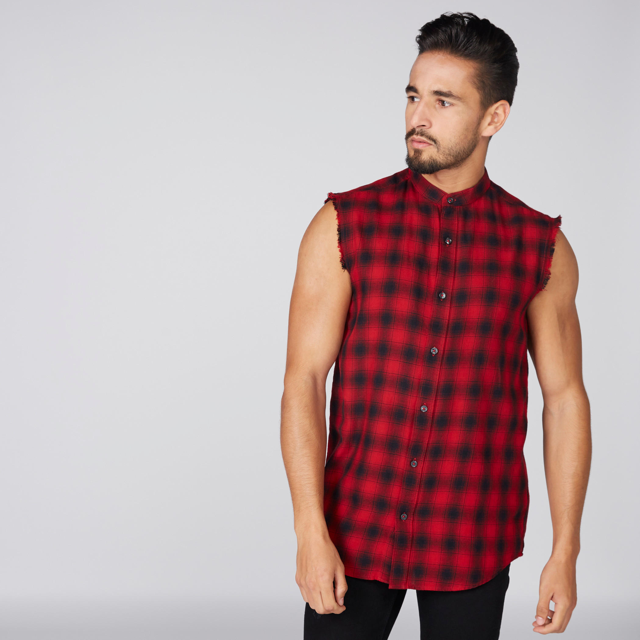 قميص كاروهات دون أكمام بياقة ماندارين وأزرار-men-clothing-shirts-image-1