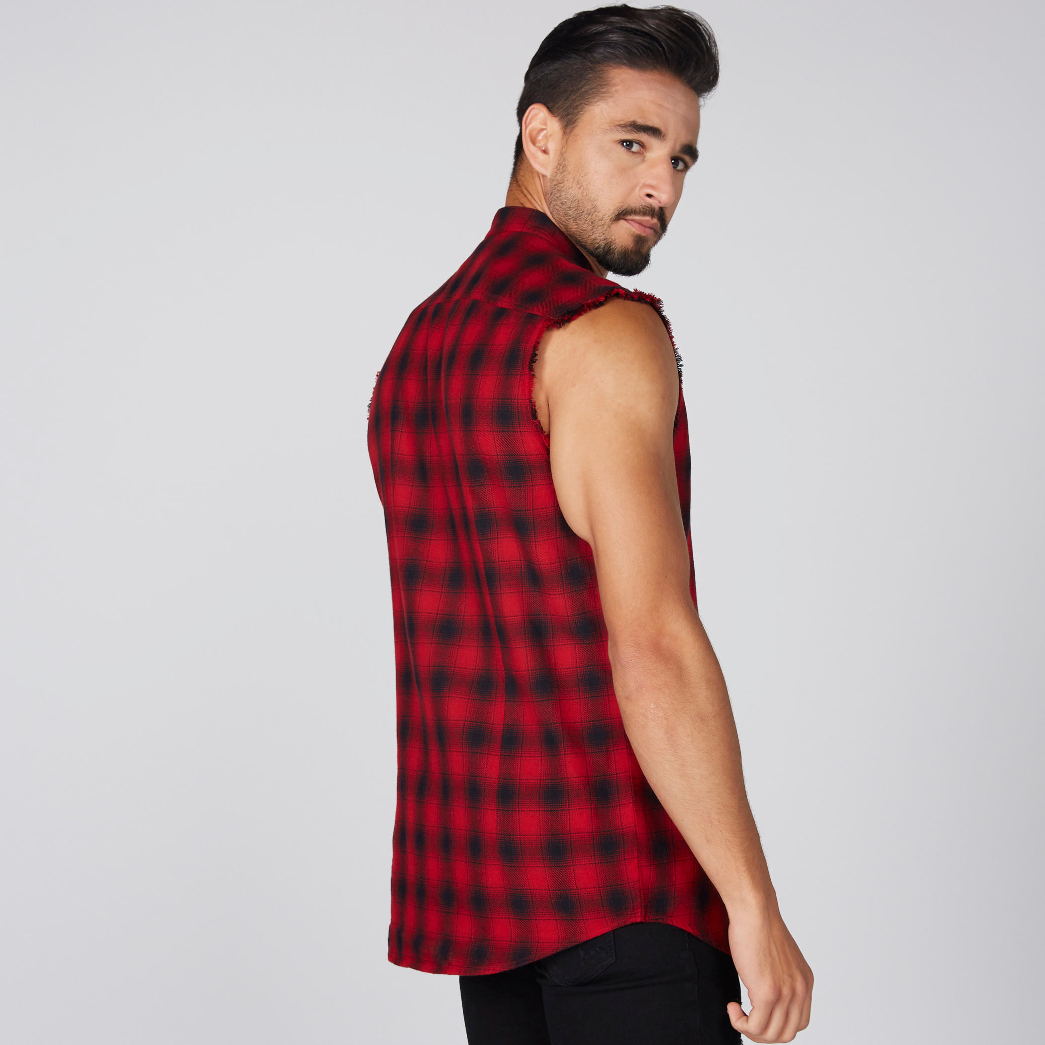 قميص كاروهات دون أكمام بياقة ماندارين وأزرار-men-clothing-shirts-image-3