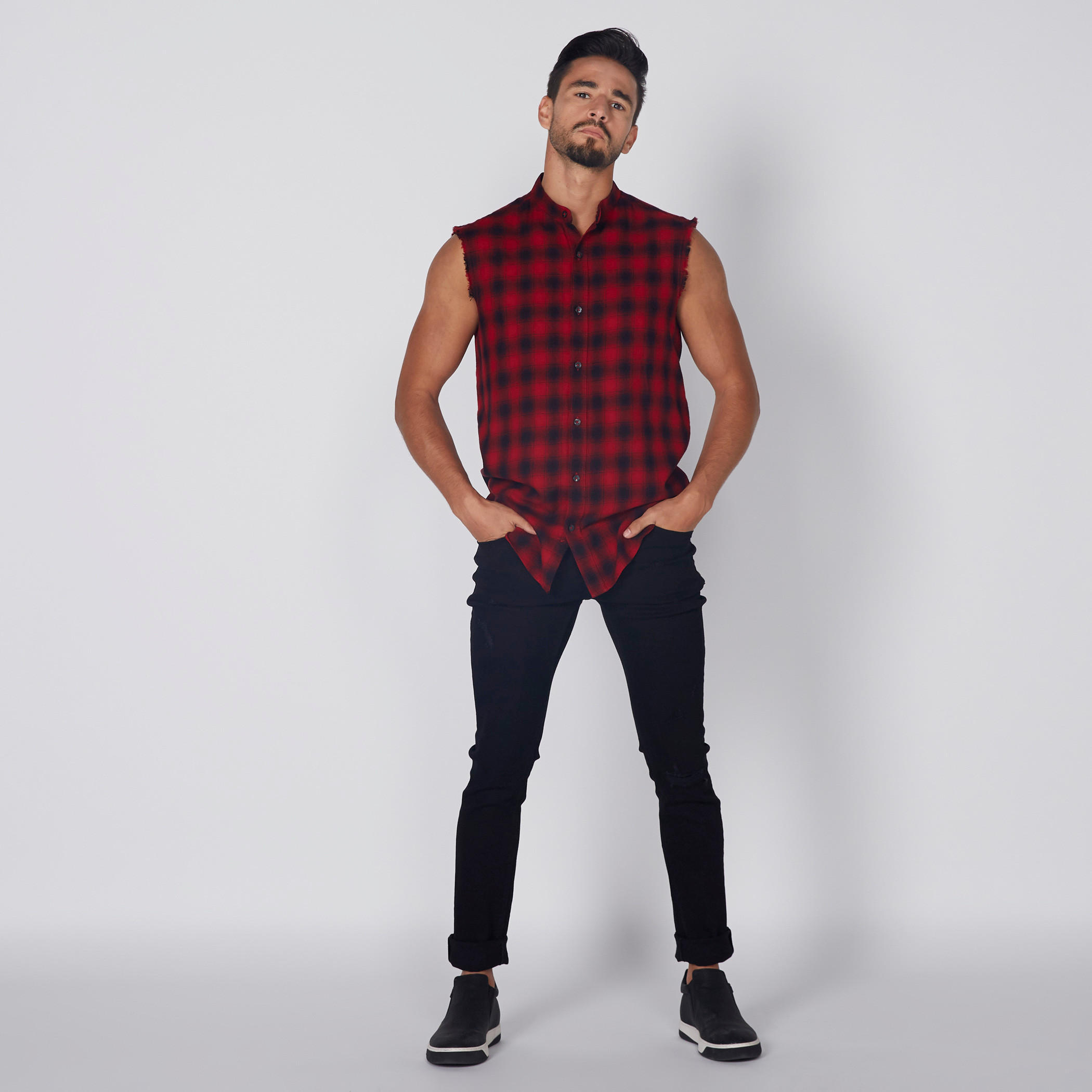 قميص كاروهات دون أكمام بياقة ماندارين وأزرار-men-clothing-shirts-image-4