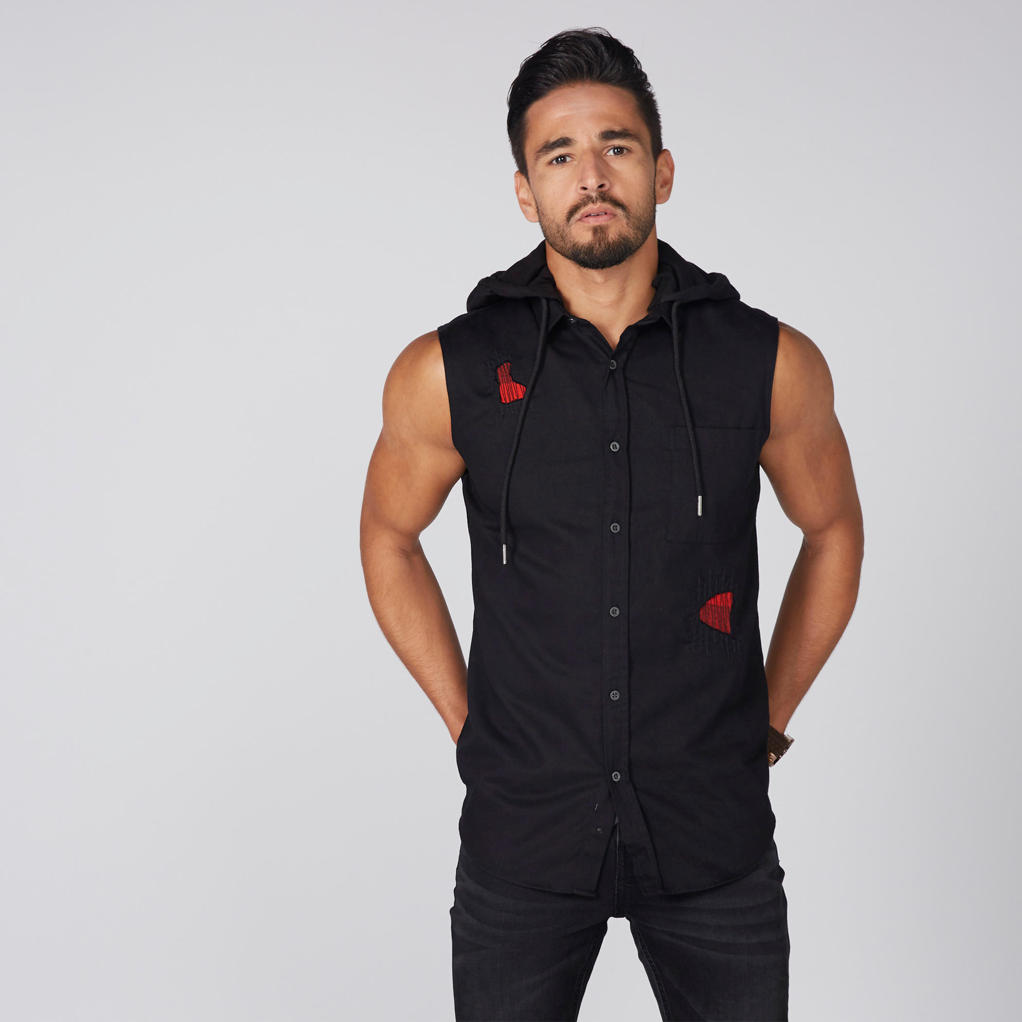 Embroidered Sleeveless Shirt with Hood and Complete Placket-men-clothing-shirts-image-1