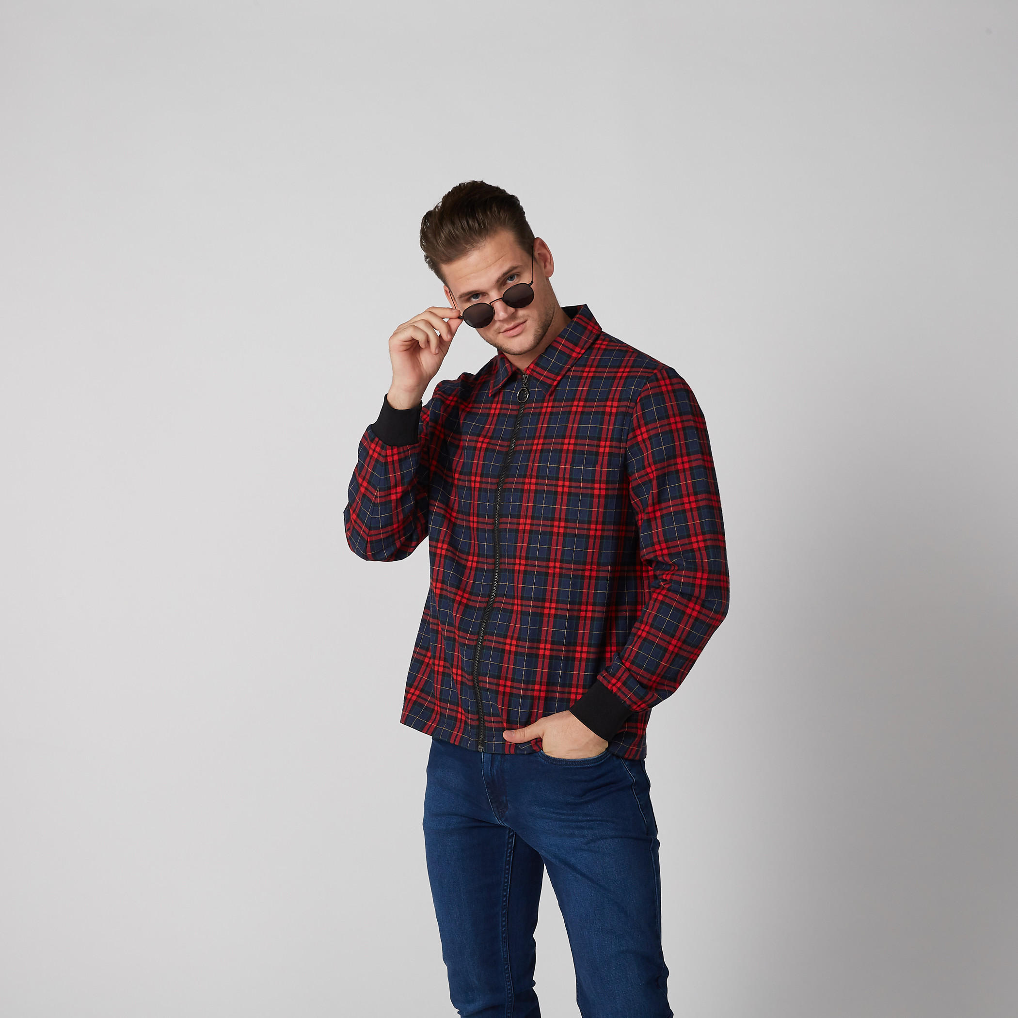 جاكيت كاروهات بأكمام طويلة وسحّاب إغلاق-men-clothing-jacketsandblazers-jackets-image-1