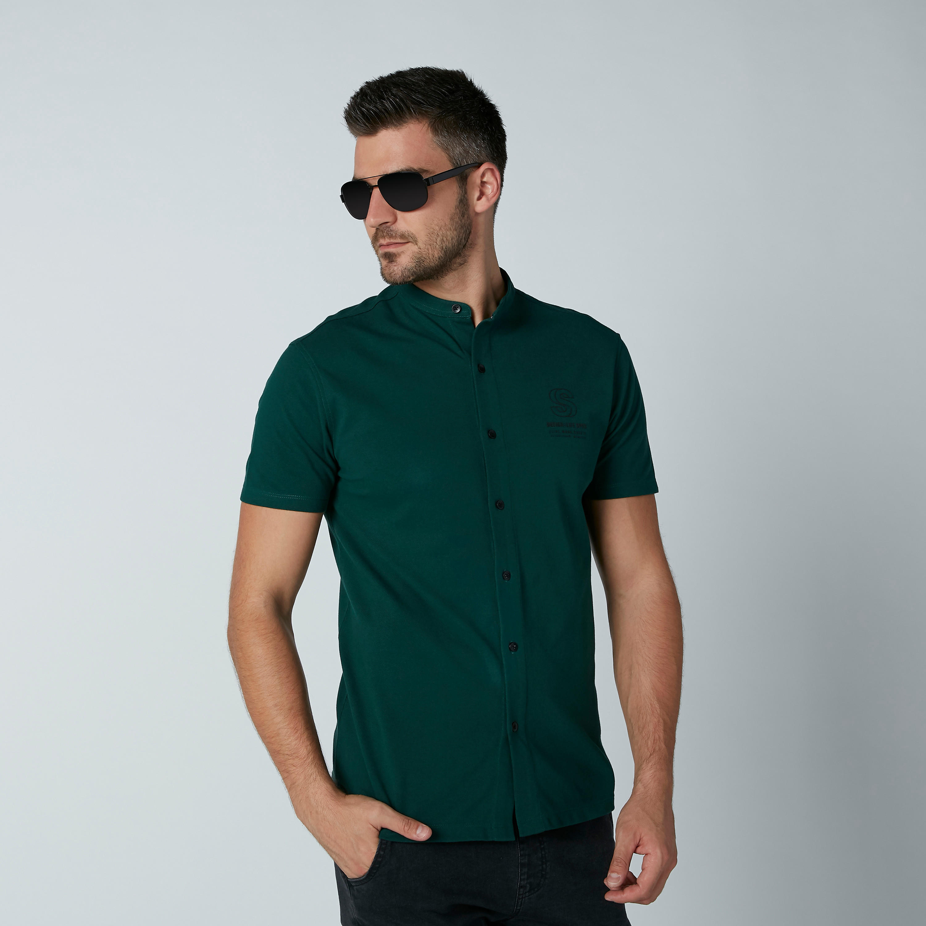 قميص مستدام سادة بياقة ماندارين -men-clothing-shirts-image-4