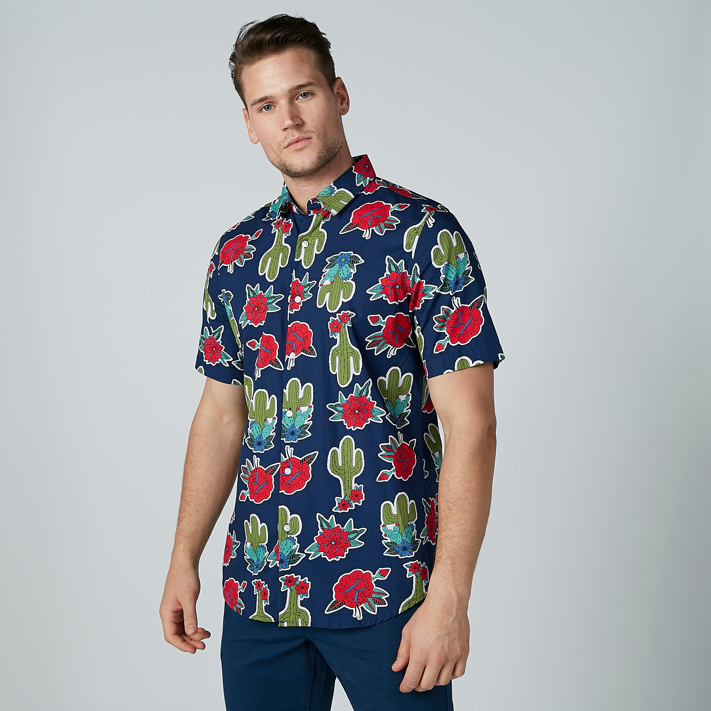 Printed Shirt with Short Sleeves and Complete Placket-men-clothing-shirts-image-1