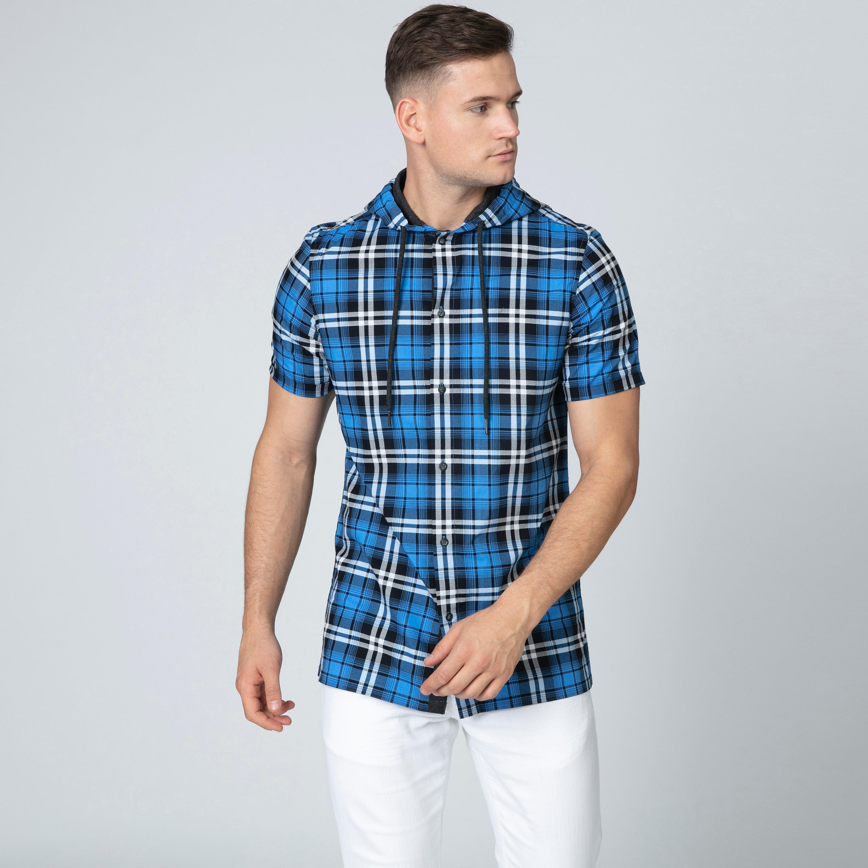 قميص كاروهات بقبّعة وأكمام قصيرة-men-clothing-shirts-image-4