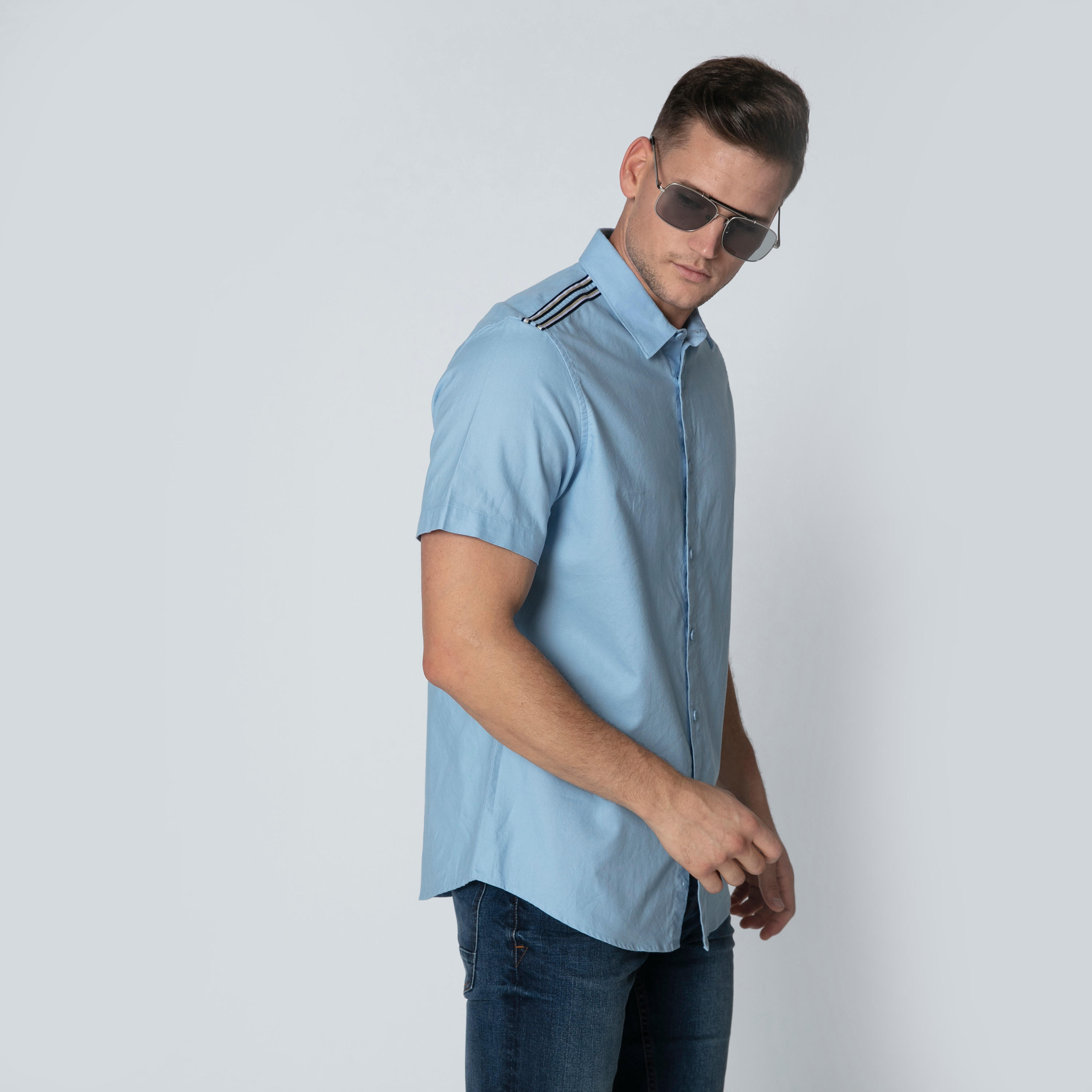 Plain Shirt with Short Sleeves and Spread Collar-men-clothing-shirts-image-13