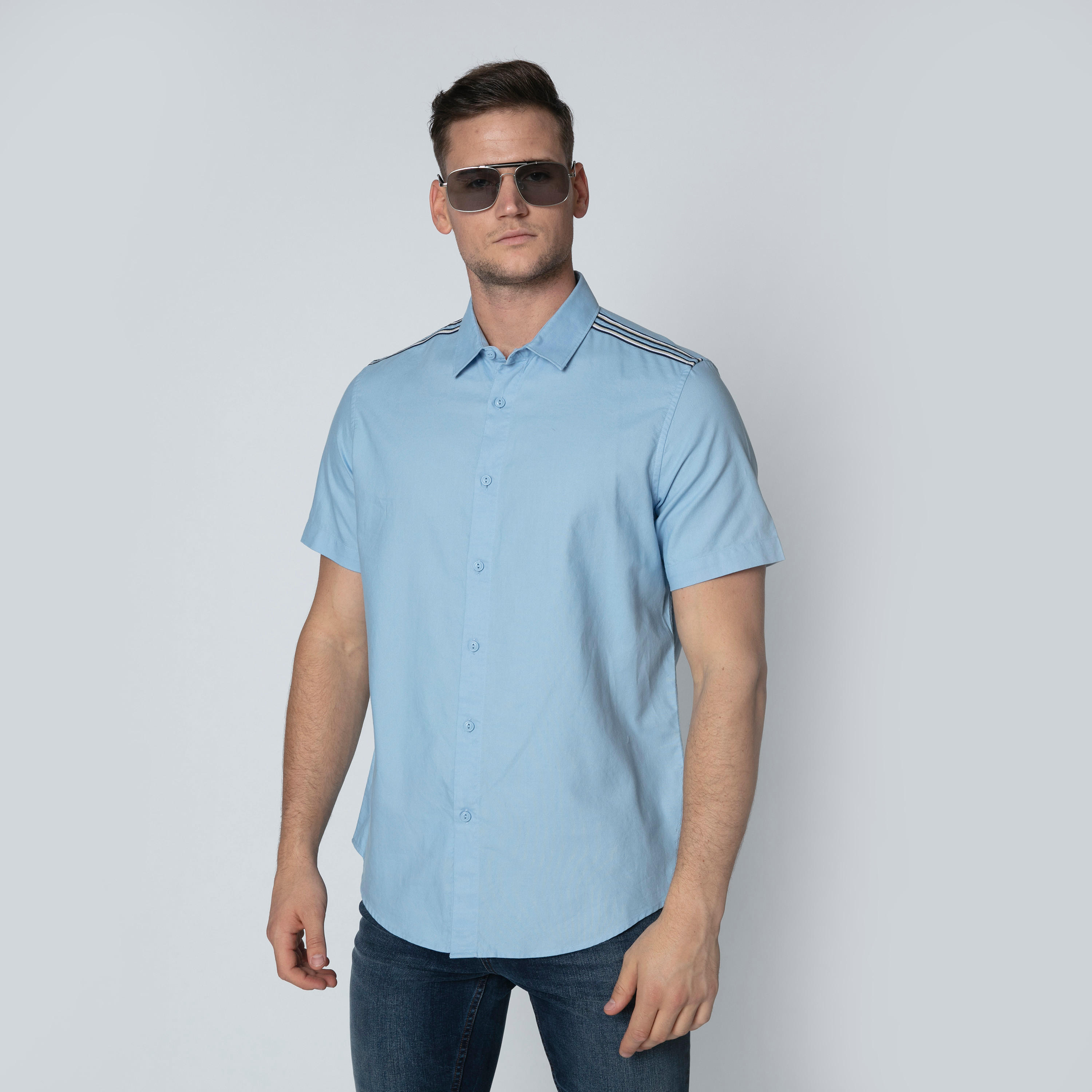 Plain Shirt with Short Sleeves and Spread Collar-men-clothing-shirts-image-15