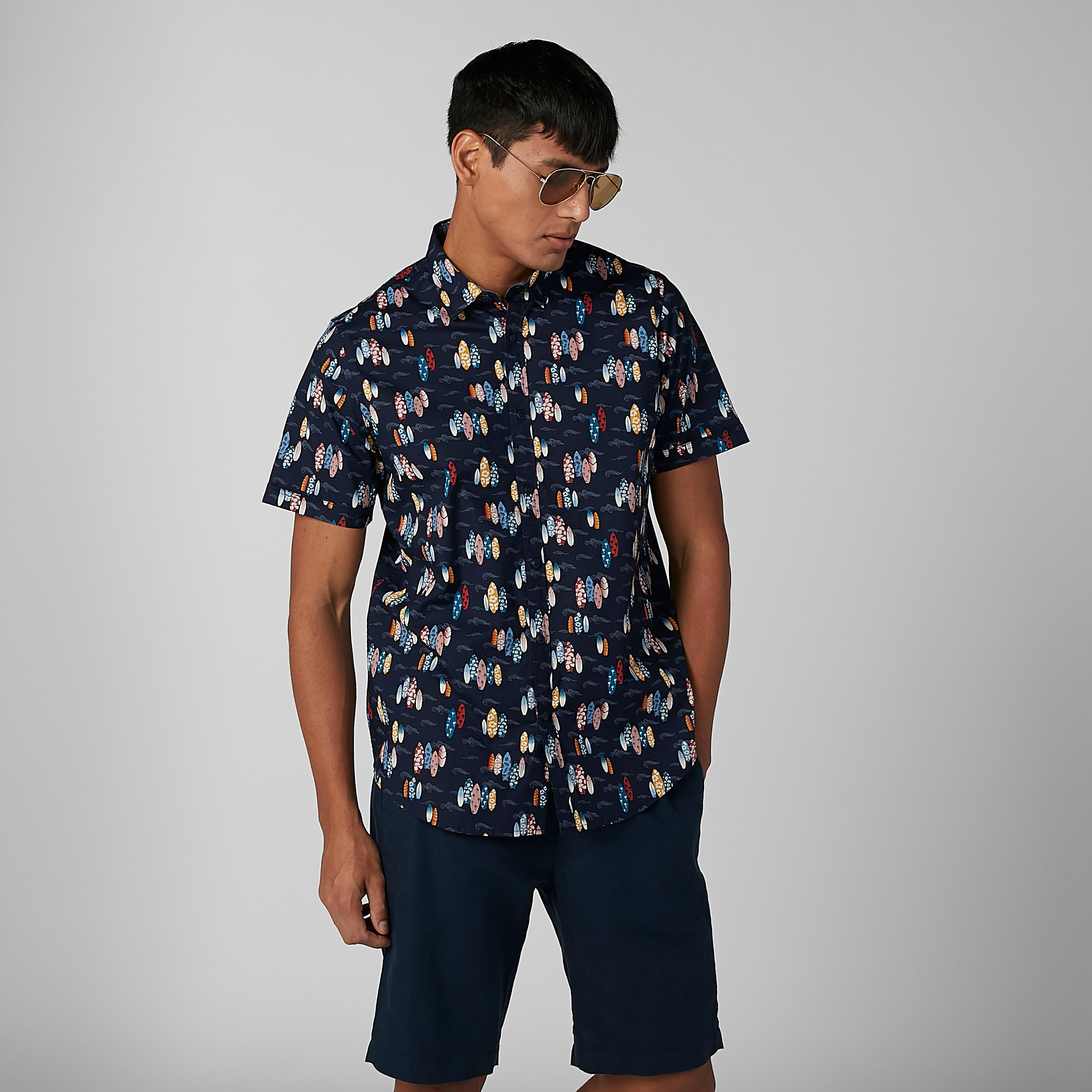 Printed Shirt with Short Sleeves and Spread Collar-men-clothing-shirts-image-3