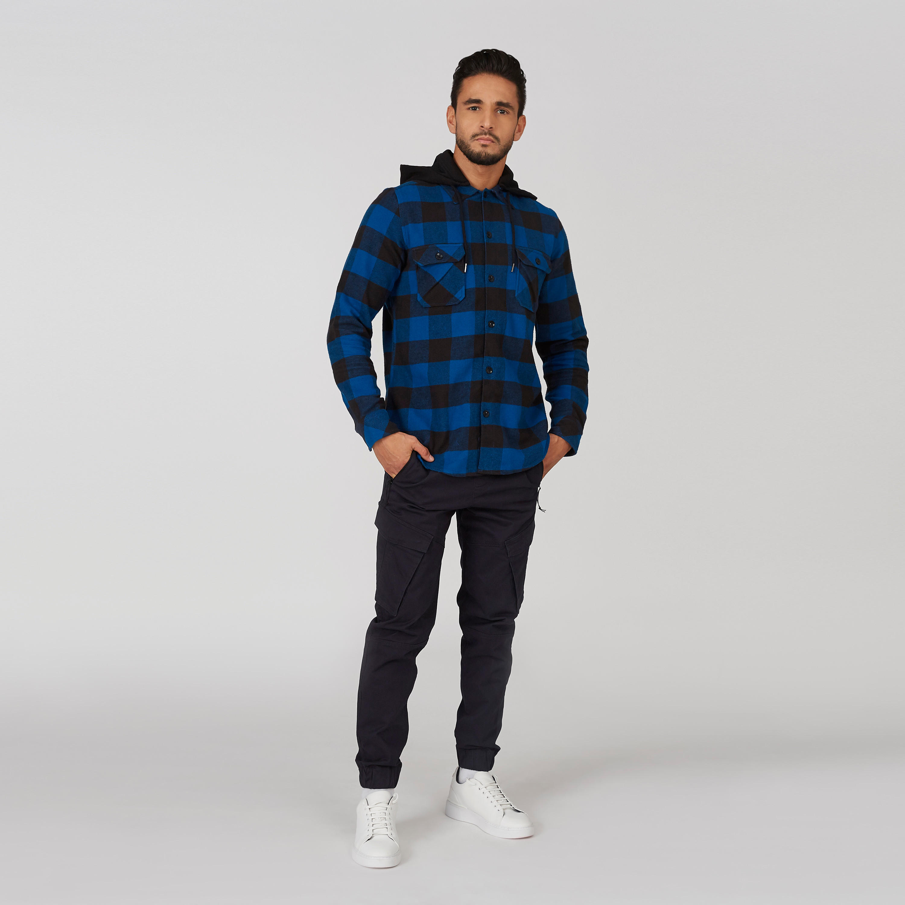 Checked Shirt with Buttoned Flap Pockets and Drawstring Hood-men-clothing-shirts-image-4