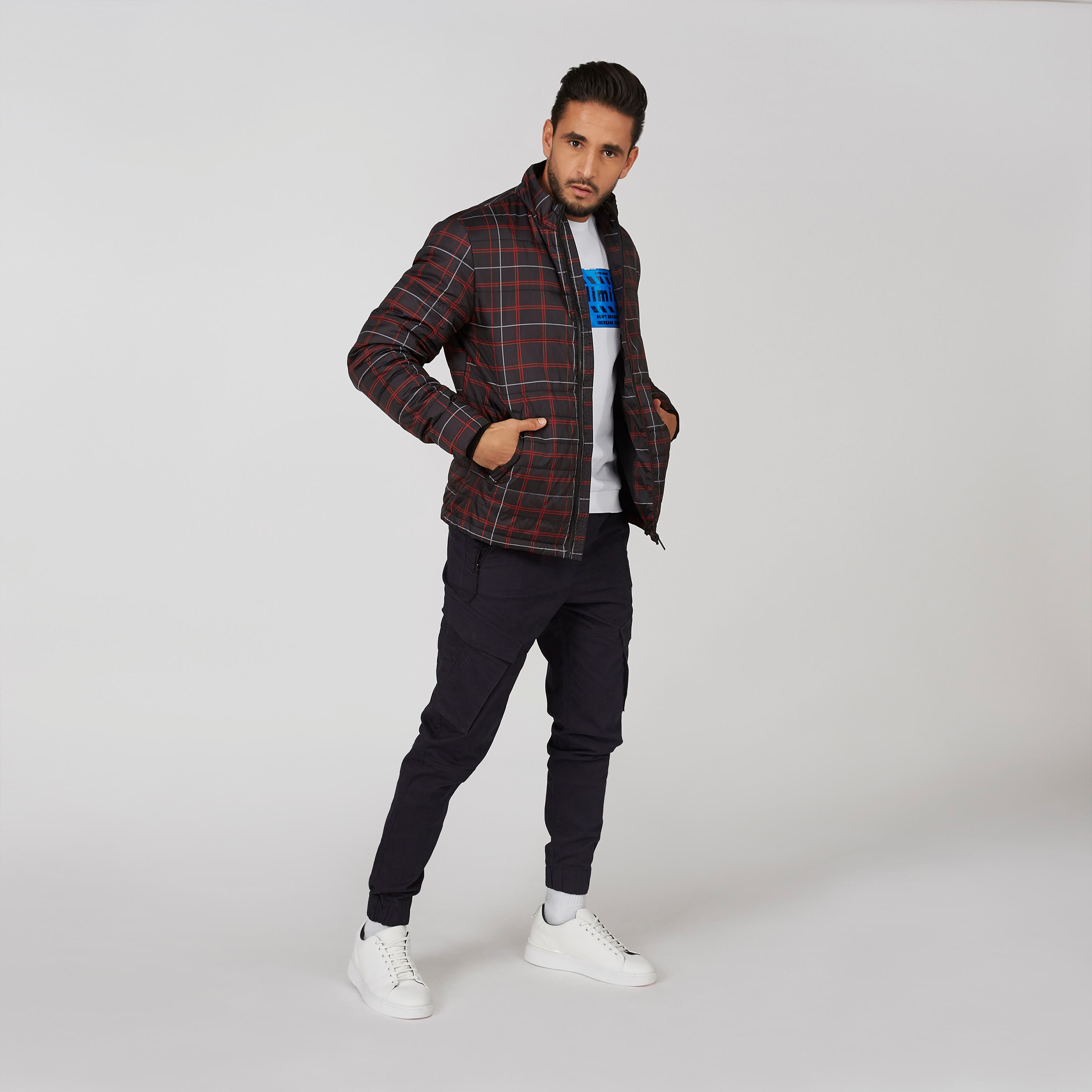 Chequered Bomber Jacket with Long Sleeves and Kangaroo Pockets-men-clothing-jacketsandblazers-jackets-image-1