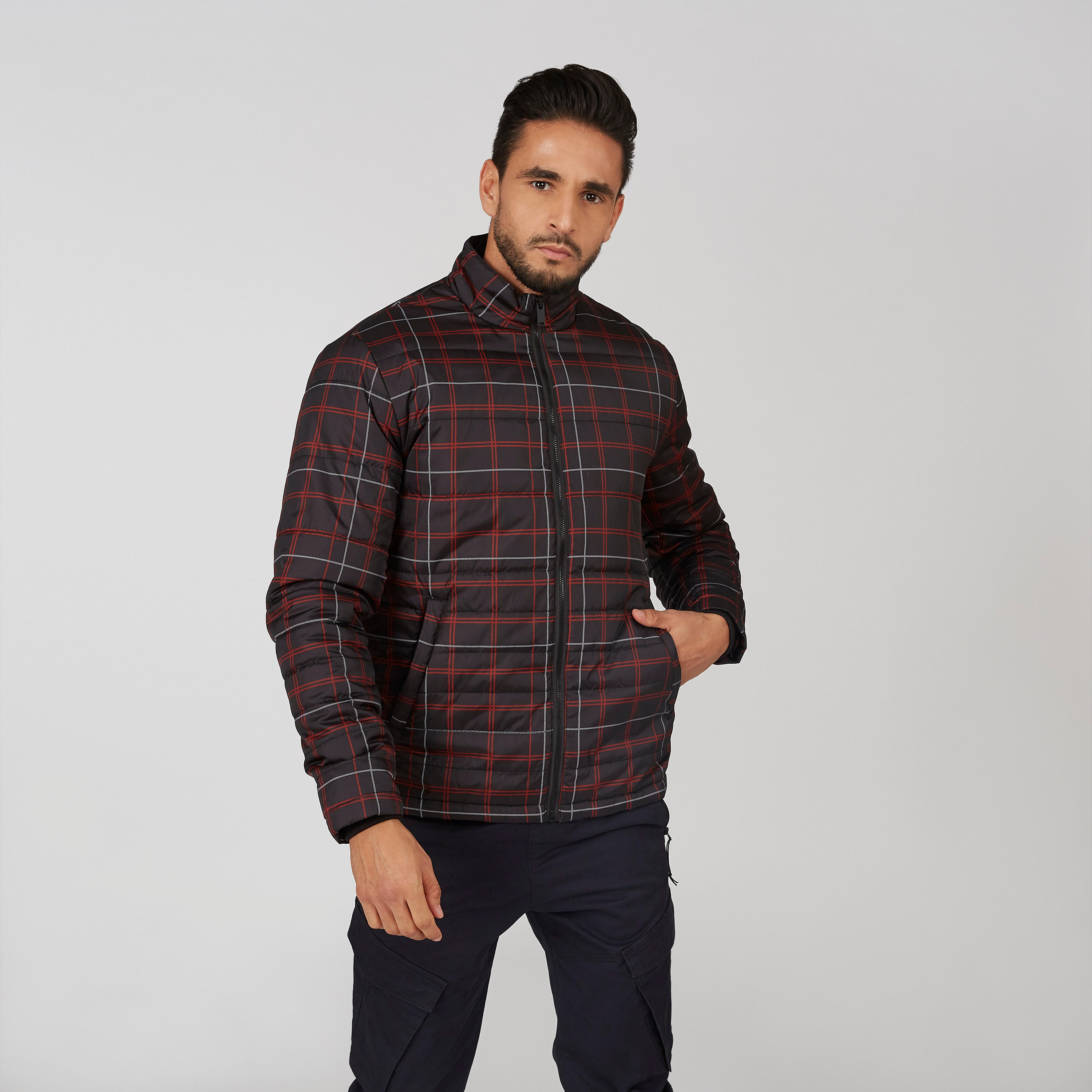 Chequered Bomber Jacket with Long Sleeves and Kangaroo Pockets-men-clothing-jacketsandblazers-jackets-image-3