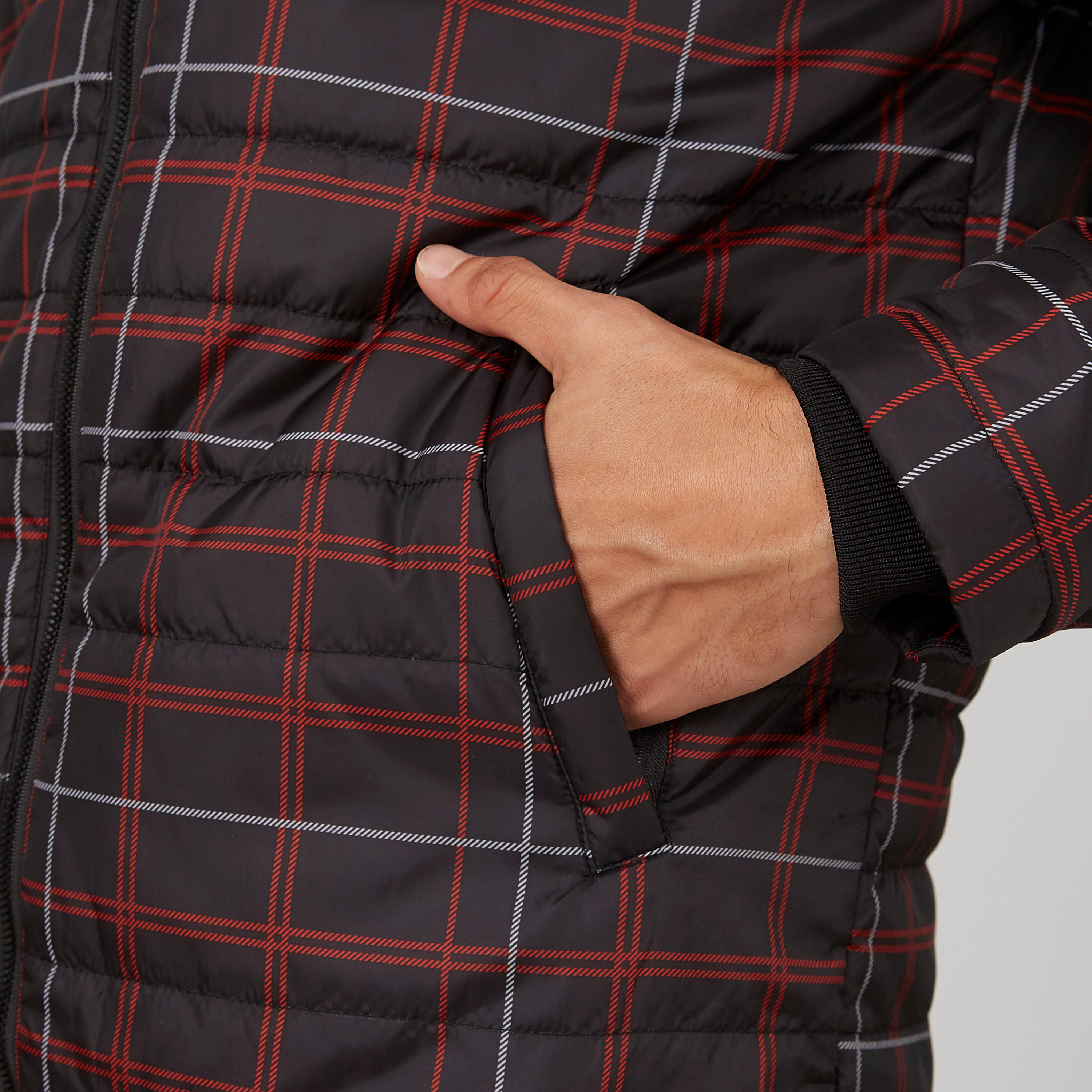 Chequered Bomber Jacket with Long Sleeves and Kangaroo Pockets-men-clothing-jacketsandblazers-jackets-image-5