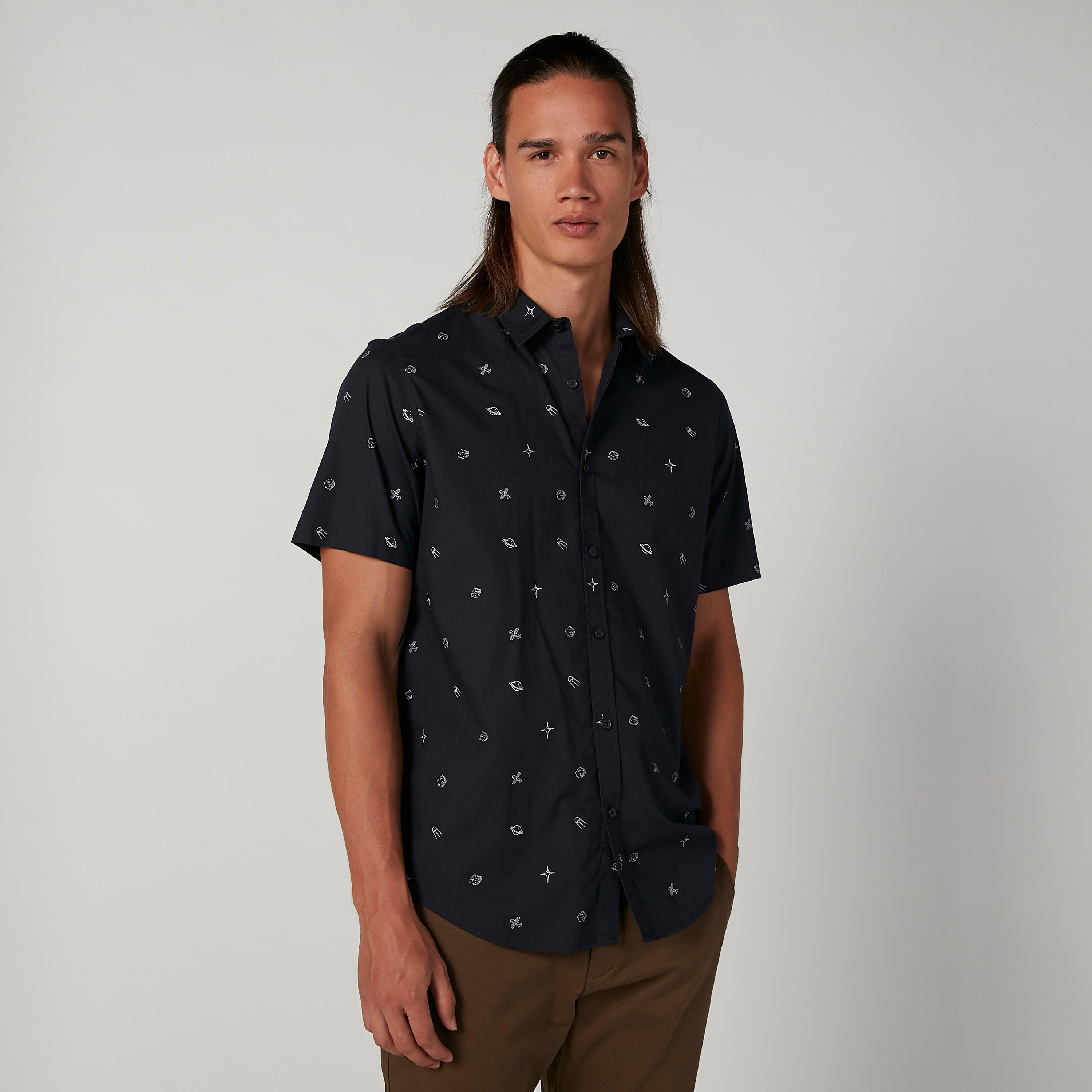 Printed Shirt with Short Sleeves and Spread Collar-men-clothing-shirts-image-1