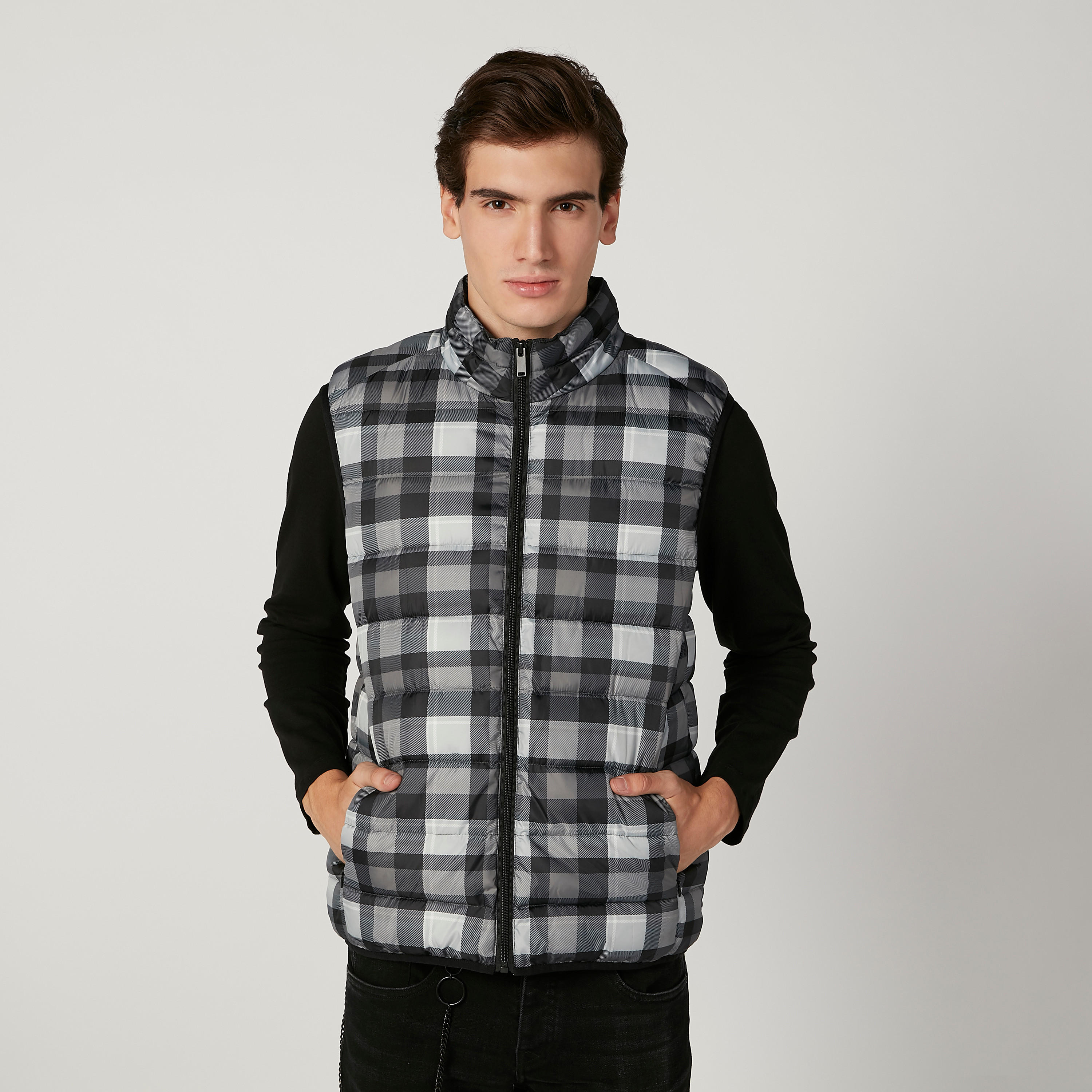 Chequered Gilet Jacket with Kangaroo Pockets and Zip Closure-men-clothing-jacketsandblazers-jackets-image-1