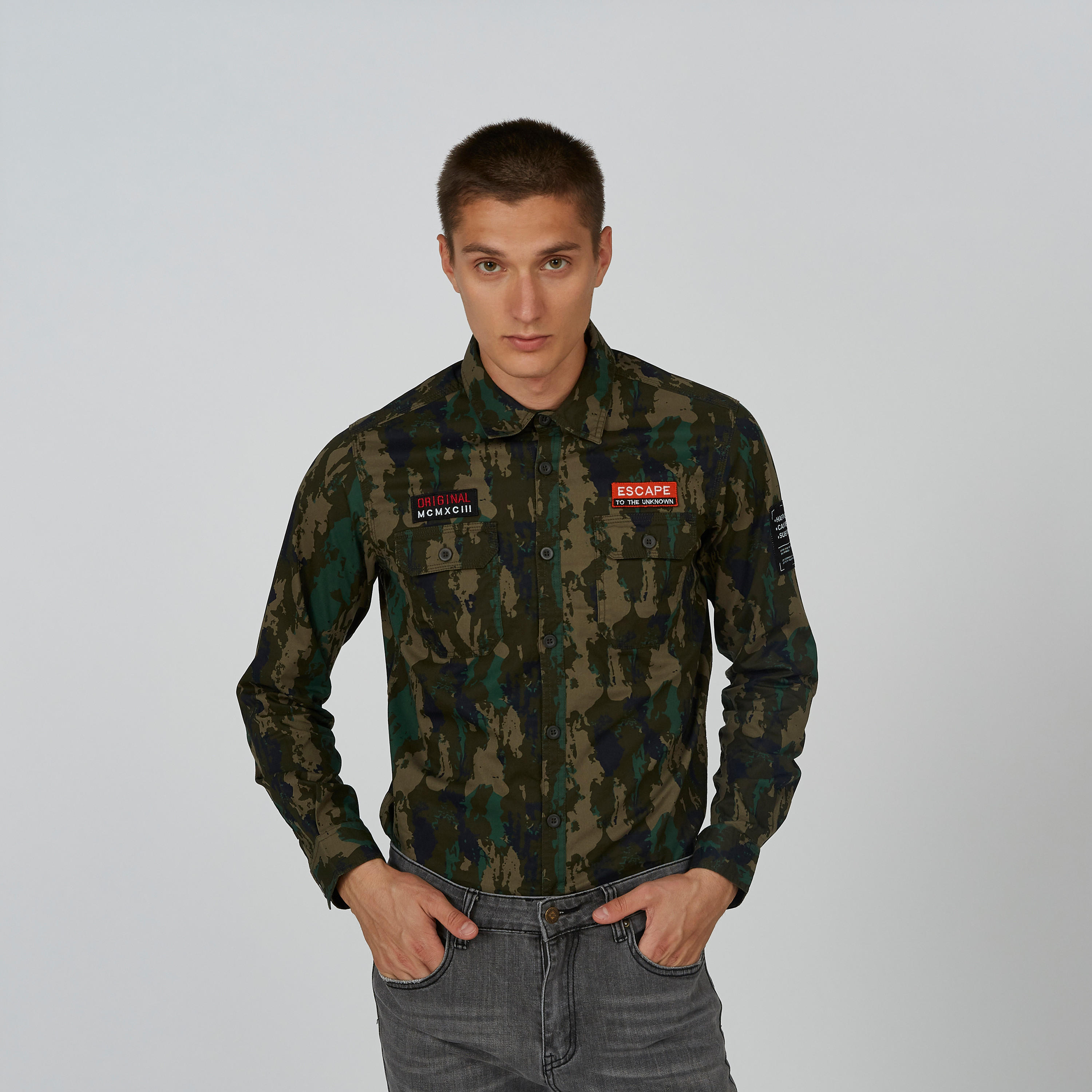 Camouflage Printed Shirt with Long Sleeves and Spread Collar-men-clothing-shirts-image-1