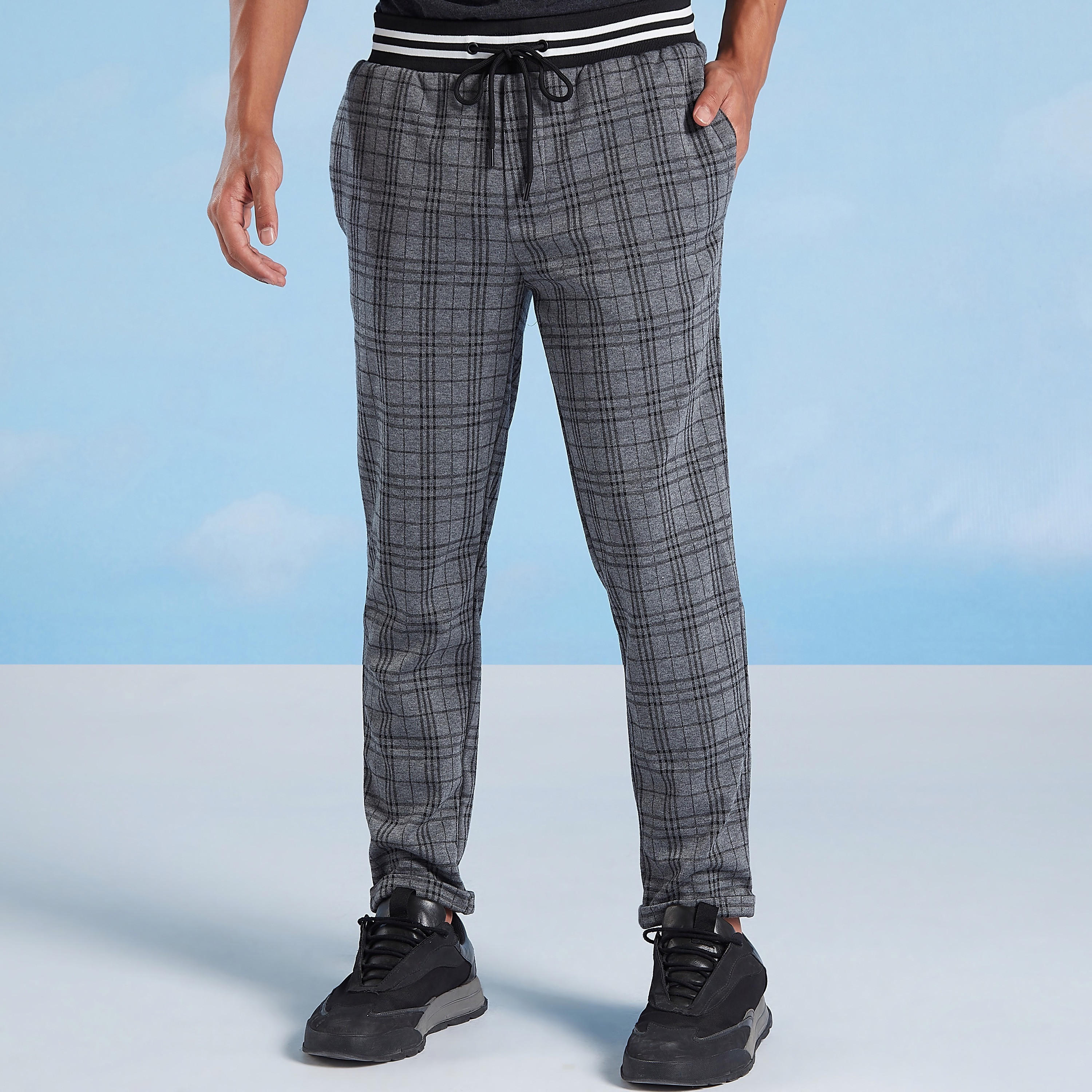 Skinny Fit Chequered Mid Waist Trousers with Pocket Detail-men-clothing-bottoms-trousersandchinos-trousers-image-1