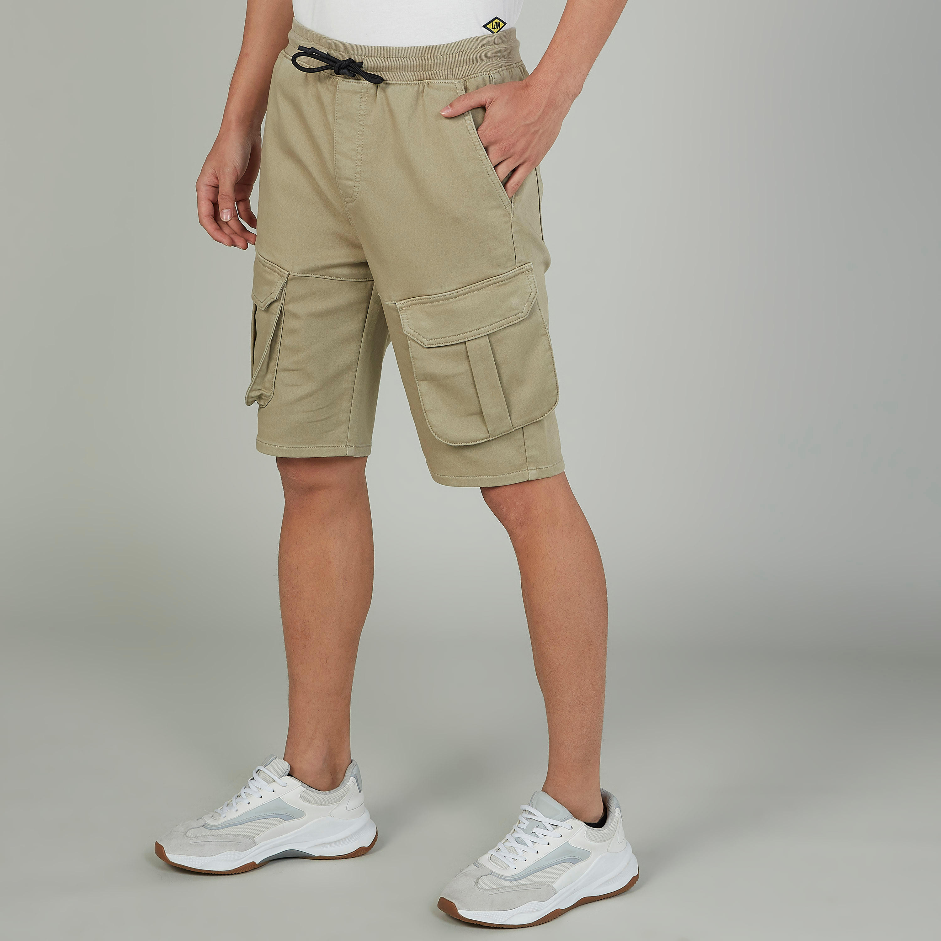 Plain Mid Waist Cargo Shorts with Drawstring Waistband-men-clothing-bottoms-shorts-image-1