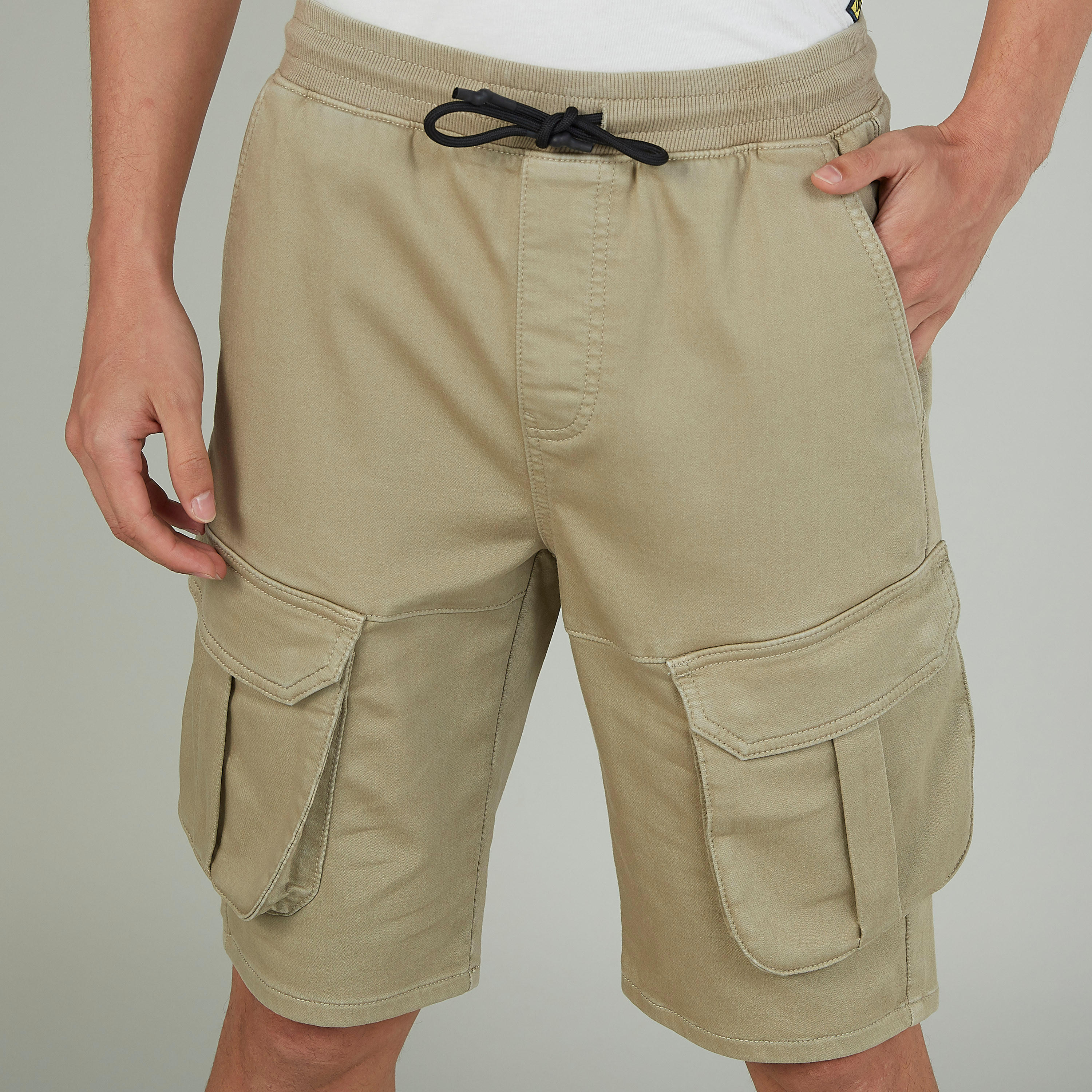 Plain Mid Waist Cargo Shorts with Drawstring Waistband-men-clothing-bottoms-shorts-image-3