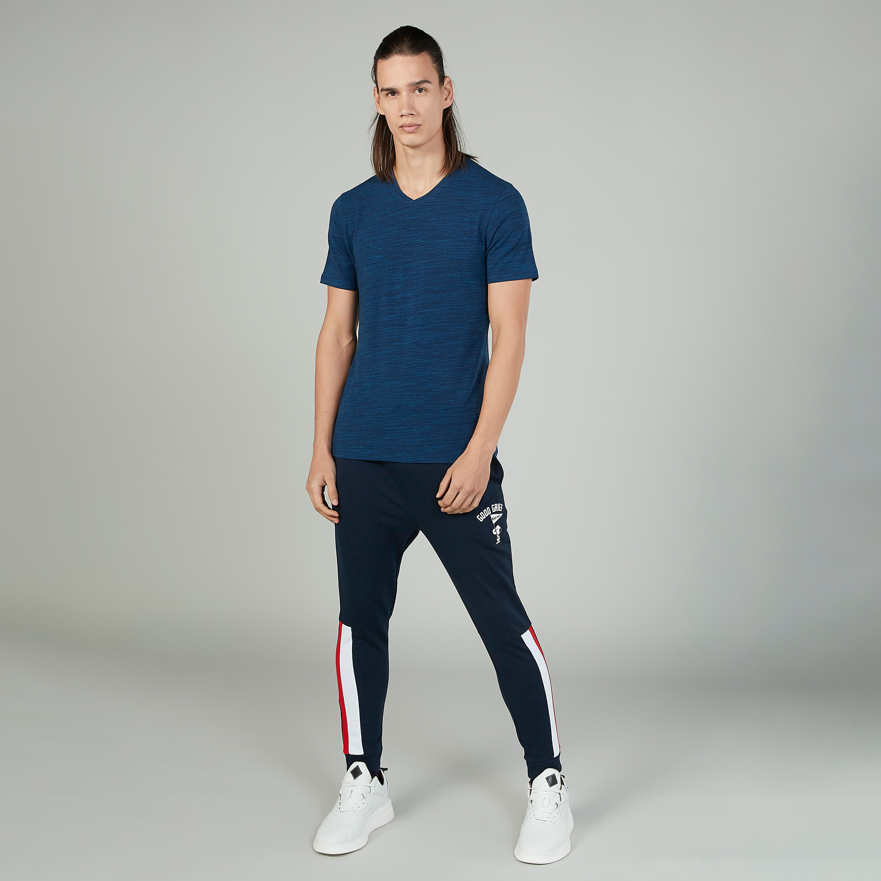 Textured T-shirt with V-neck and Short Sleeves-men-clothing-tshirtsandpolos-tshirts-image-2