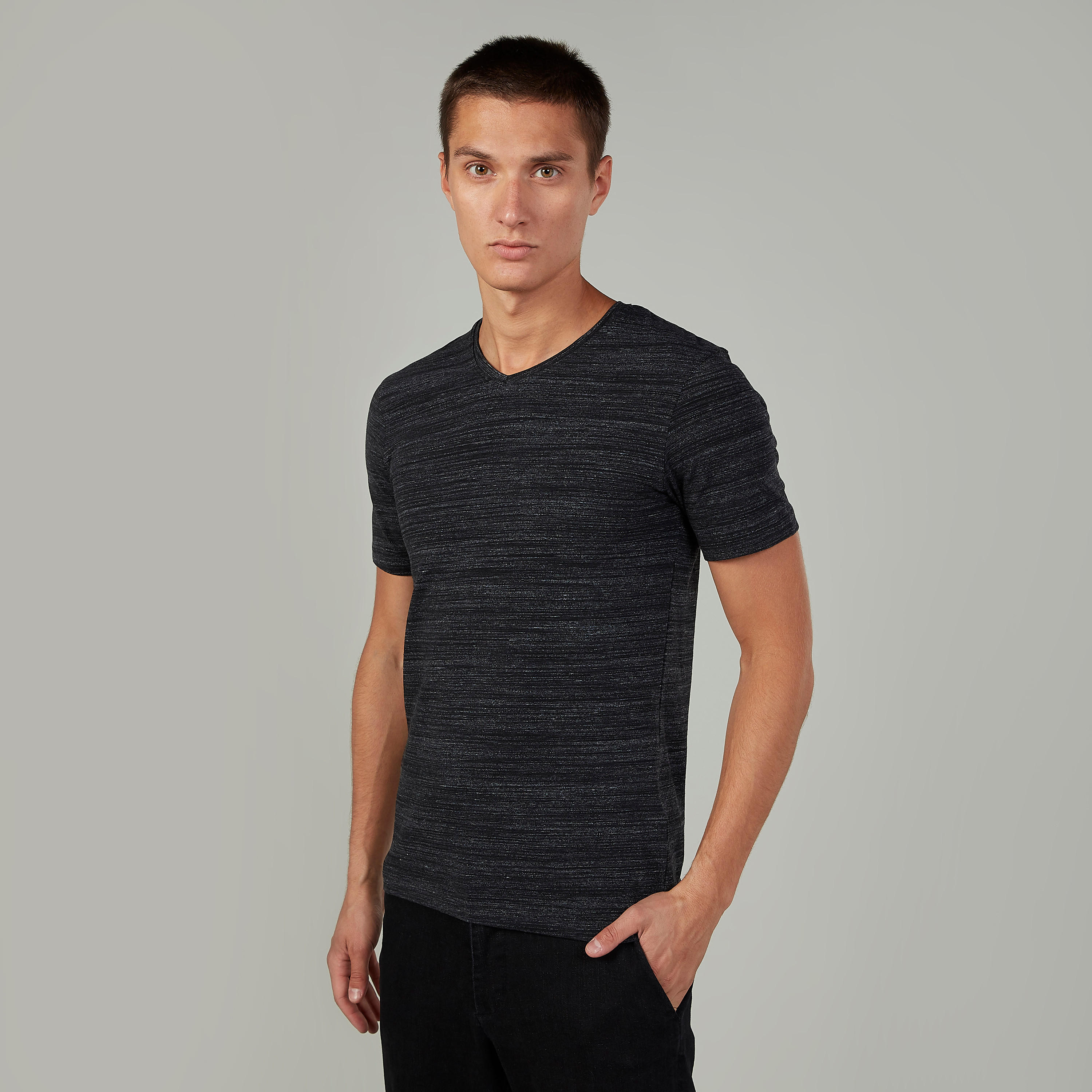 Textured T-shirt with V-neck and Short Sleeves-men-clothing-tshirtsandpolos-tshirts-image-1