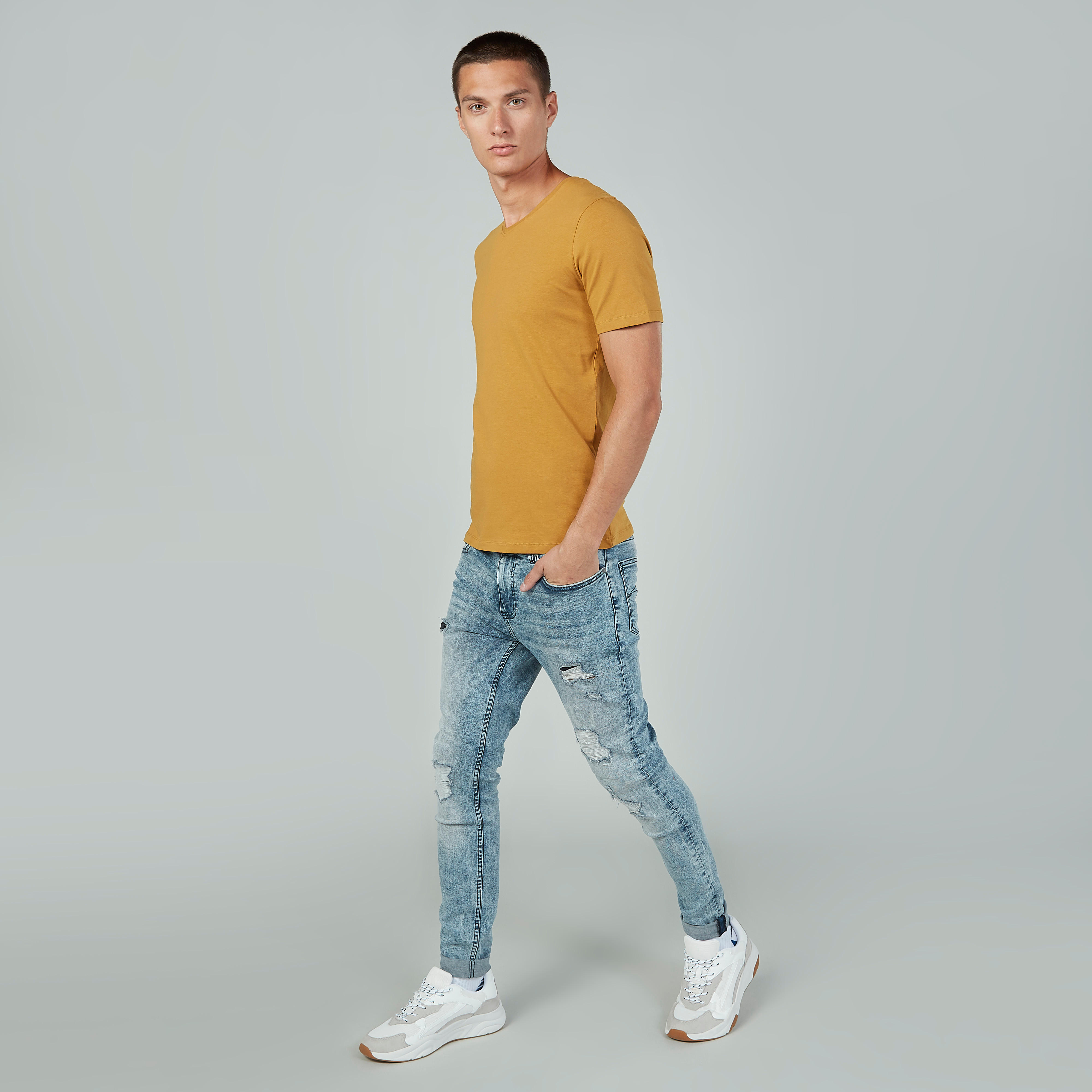 Plain T-shirt with V-neck and Short Sleeves-men-clothing-tshirtsandpolos-tshirts-image-2
