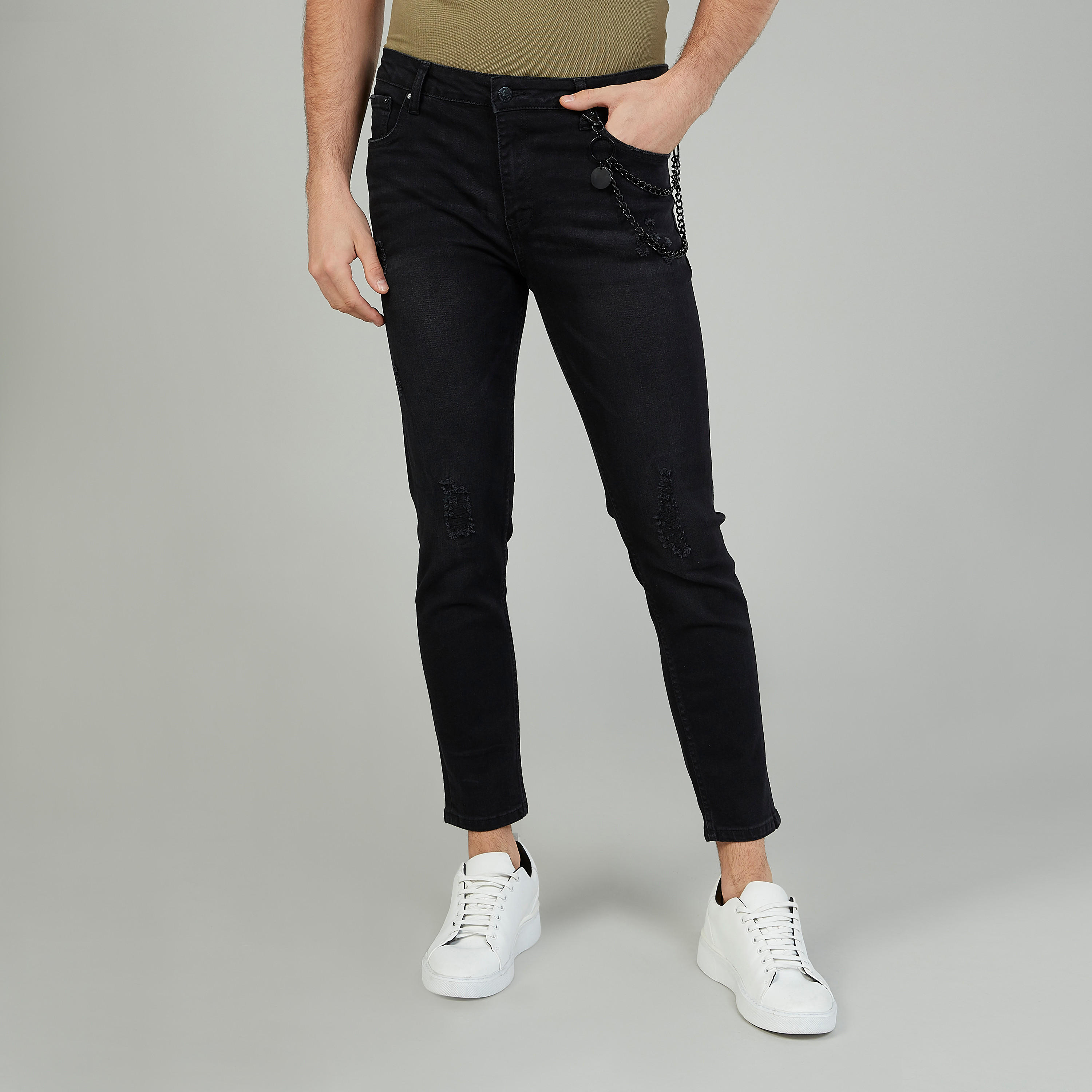 بنطلون جينز ممزق سكيني بخصر متوسط الارتفاع بعروات حزام وجيوب-men-clothing-bottoms-jeans-image-1