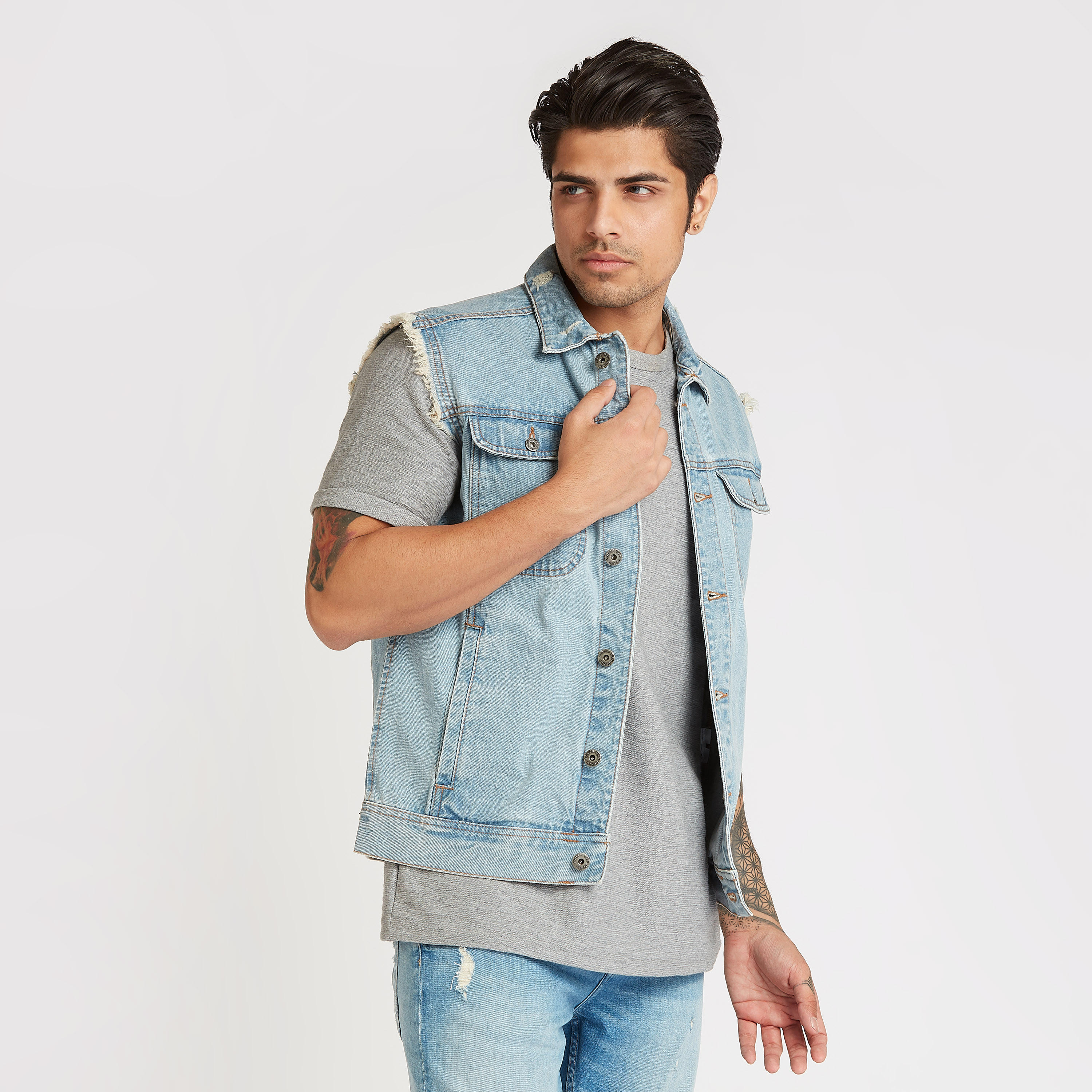 Slim Fit Denim Sleeveless Jacket with Flap Pockets and Frayed Grazers-men-clothing-jacketsandblazers-jackets-image-1