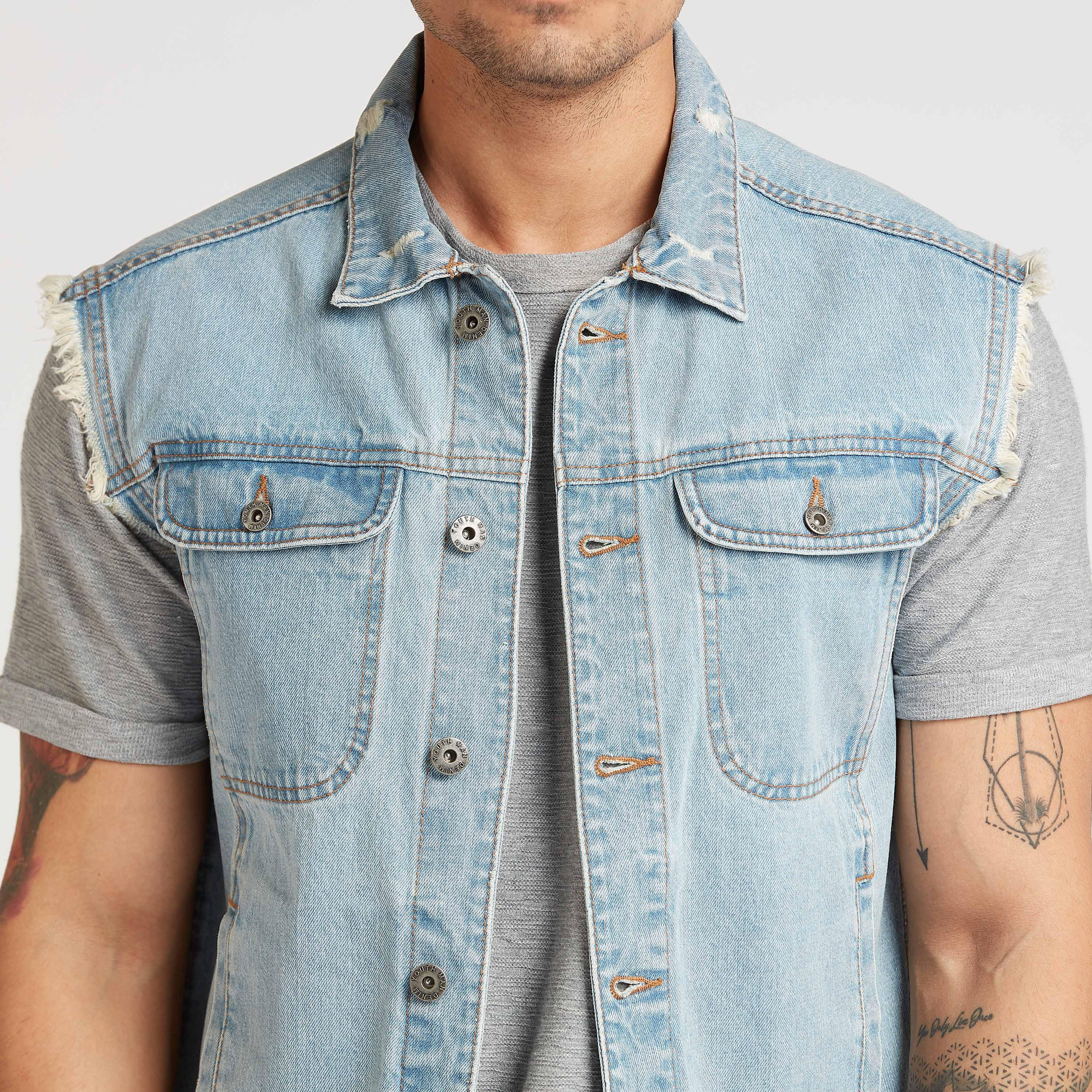 Slim Fit Denim Sleeveless Jacket with Flap Pockets and Frayed Grazers-men-clothing-jacketsandblazers-jackets-image-3