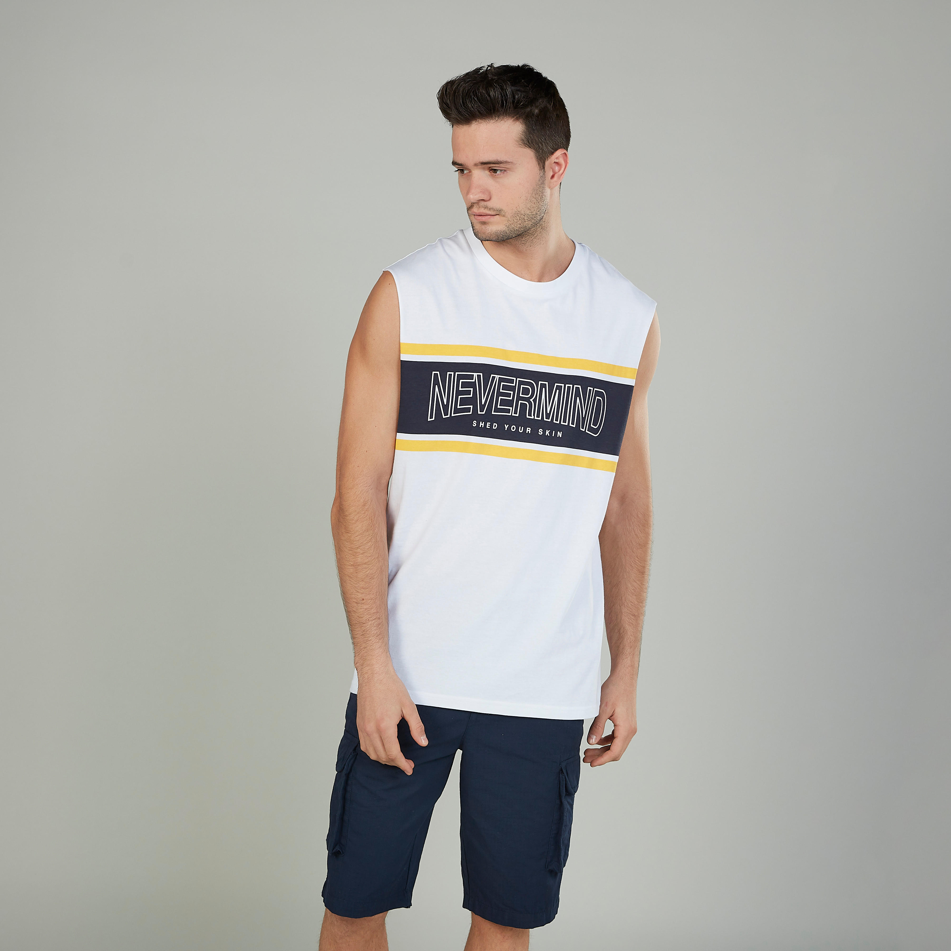 Typographic Print Sleeveless T-shirt with Round Neck-men-clothing-tshirtsandpolos-tshirts-image-1