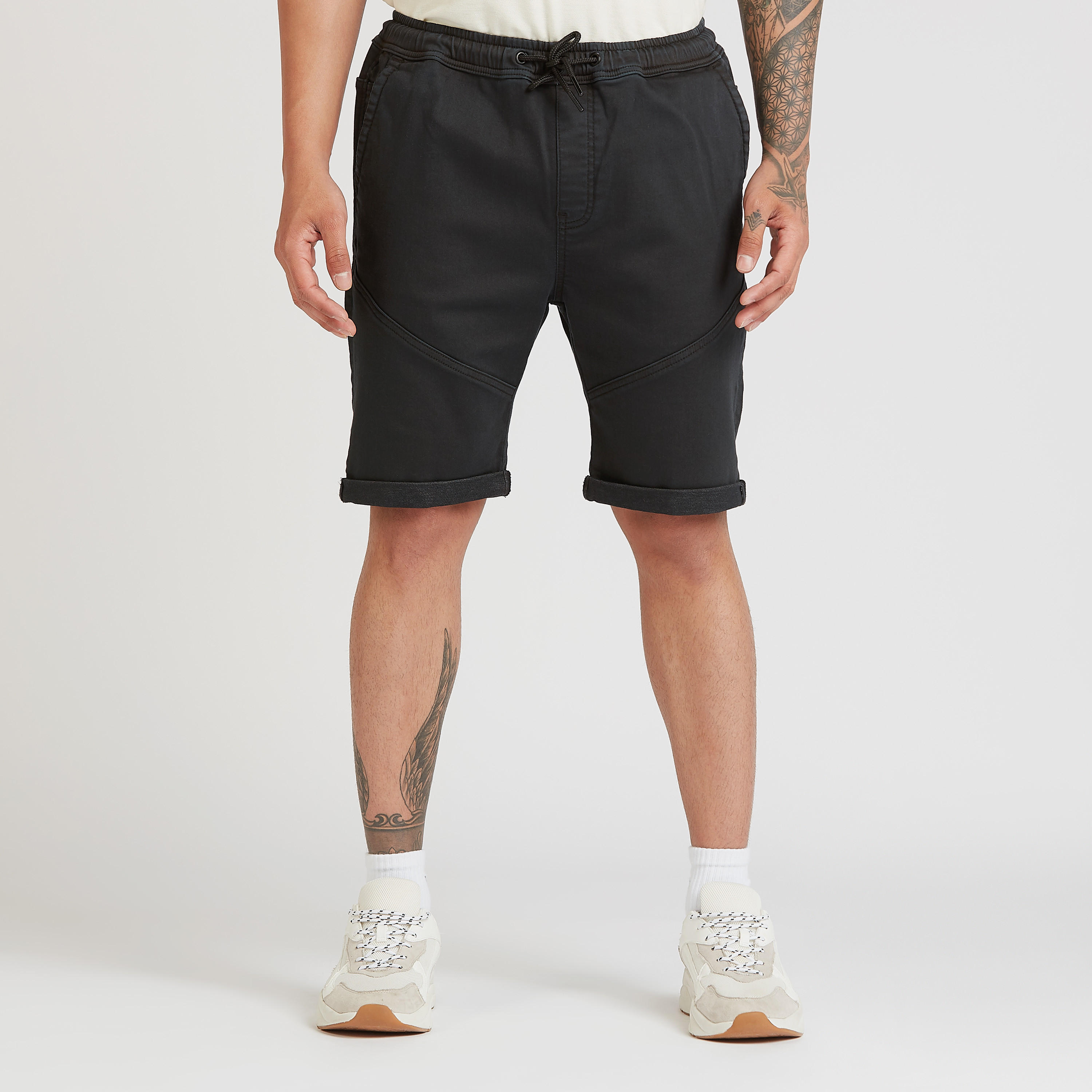 Solid Mid-Rise Denim Shorts with Pockets and Drawstring Closure-men-clothing-bottoms-shorts-image-1