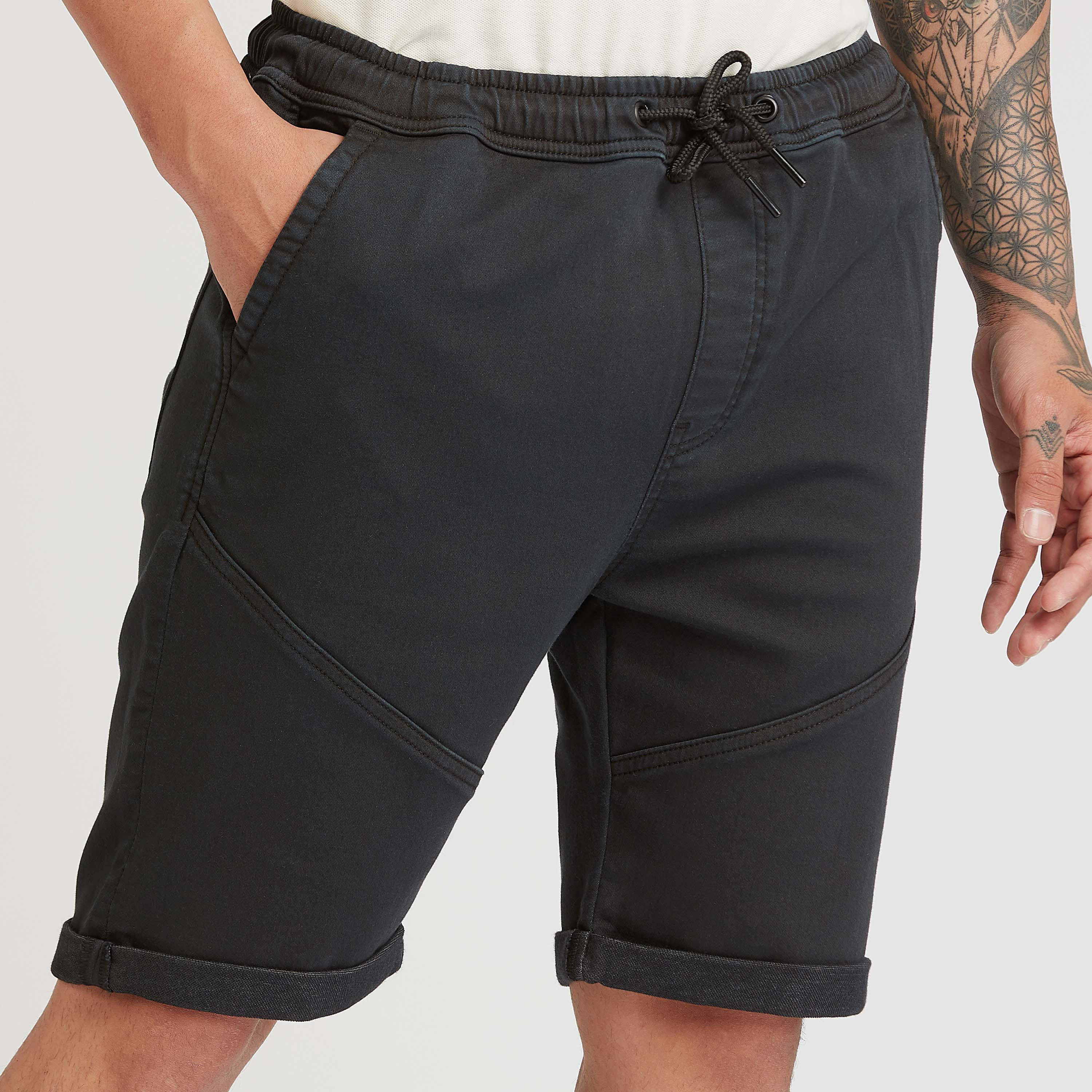 Solid Mid-Rise Denim Shorts with Pockets and Drawstring Closure-men-clothing-bottoms-shorts-image-3