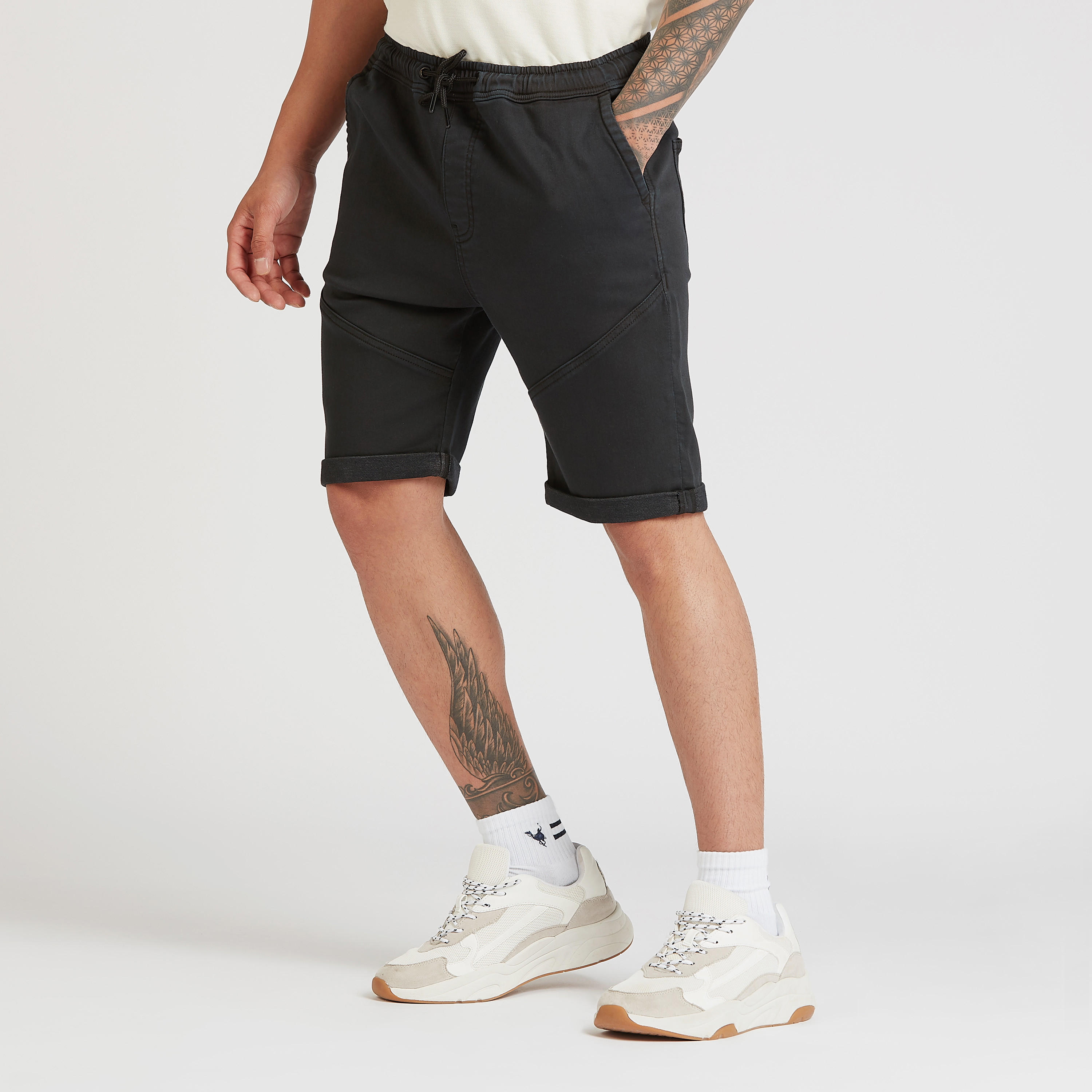 Solid Mid-Rise Denim Shorts with Pockets and Drawstring Closure-men-clothing-bottoms-shorts-image-5