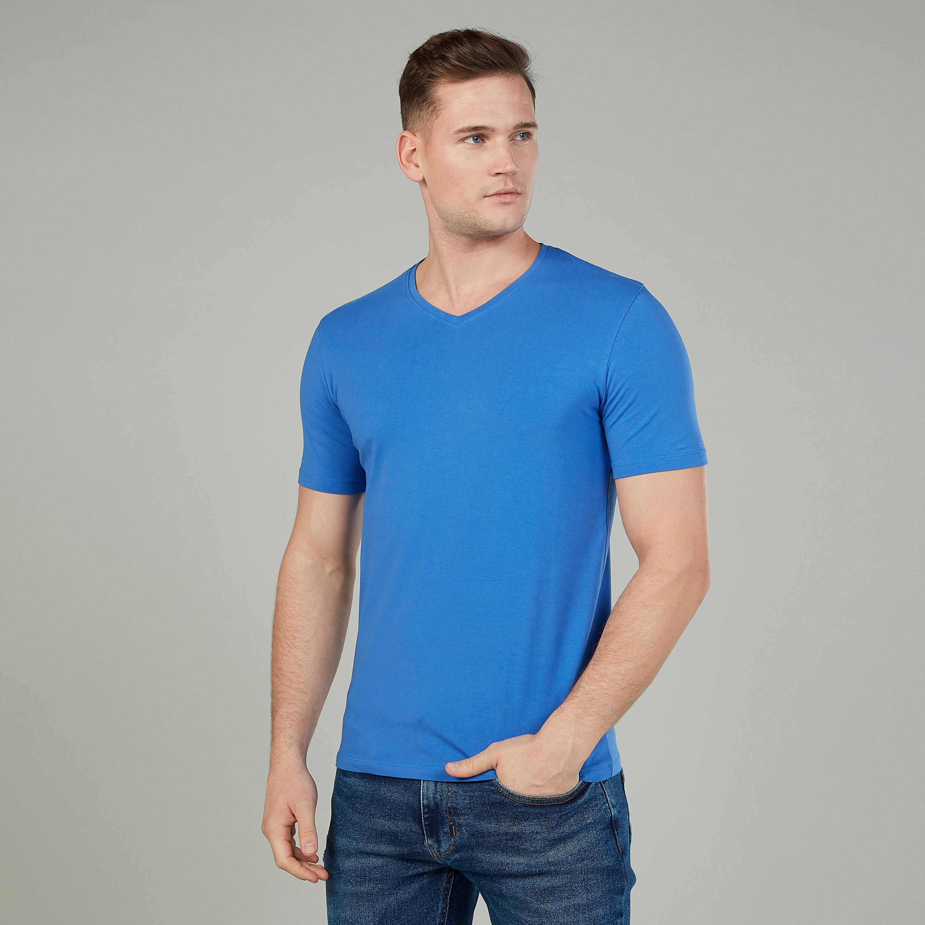 Textured T-shirt with V-neck and Short Sleeves-men-clothing-tshirtsandpolos-tshirts-image-1