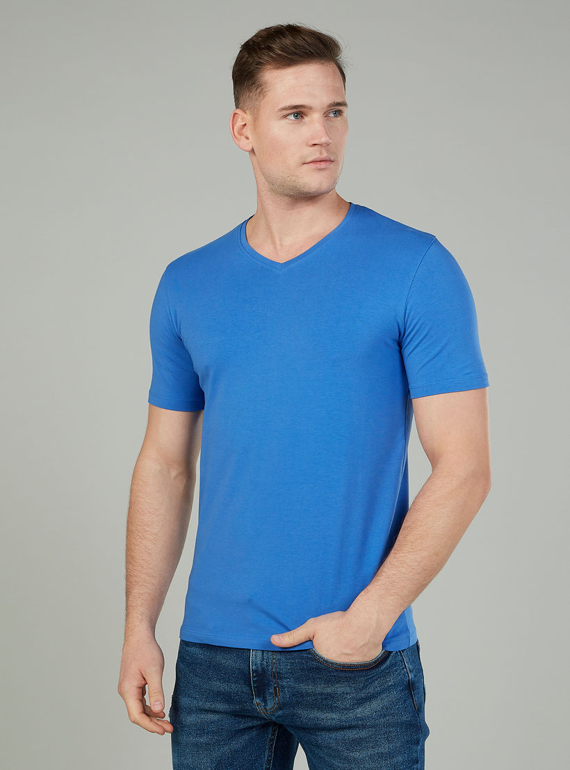Textured T-shirt with V-neck and Short Sleeves-men-clothing-tshirtsandpolos-tshirts-image-1