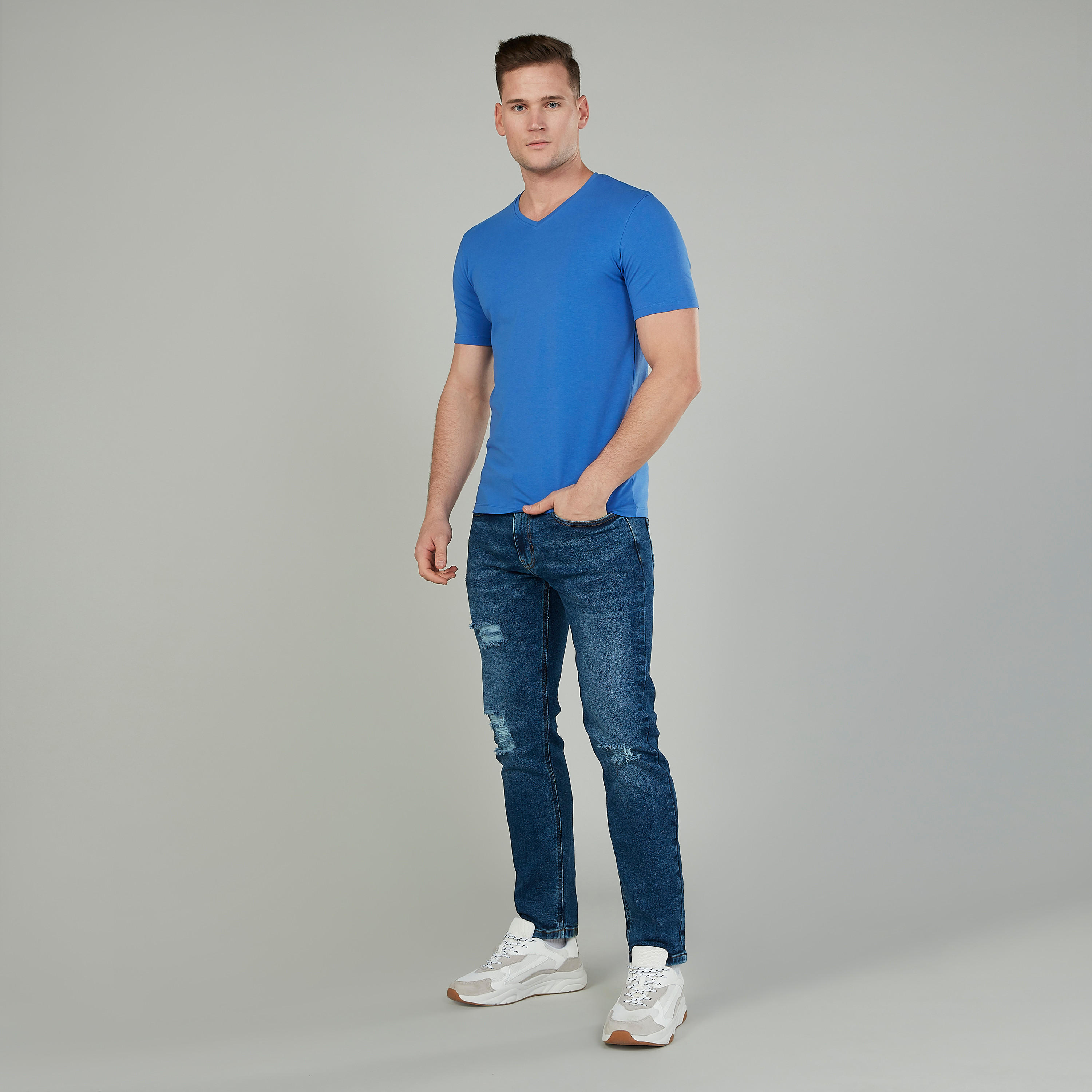 Textured T-shirt with V-neck and Short Sleeves-men-clothing-tshirtsandpolos-tshirts-image-2