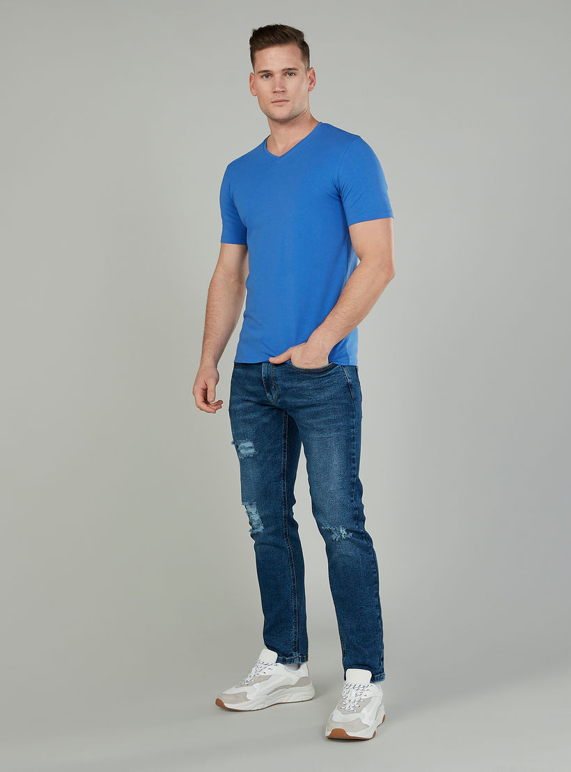 Textured T-shirt with V-neck and Short Sleeves-men-clothing-tshirtsandpolos-tshirts-image-2