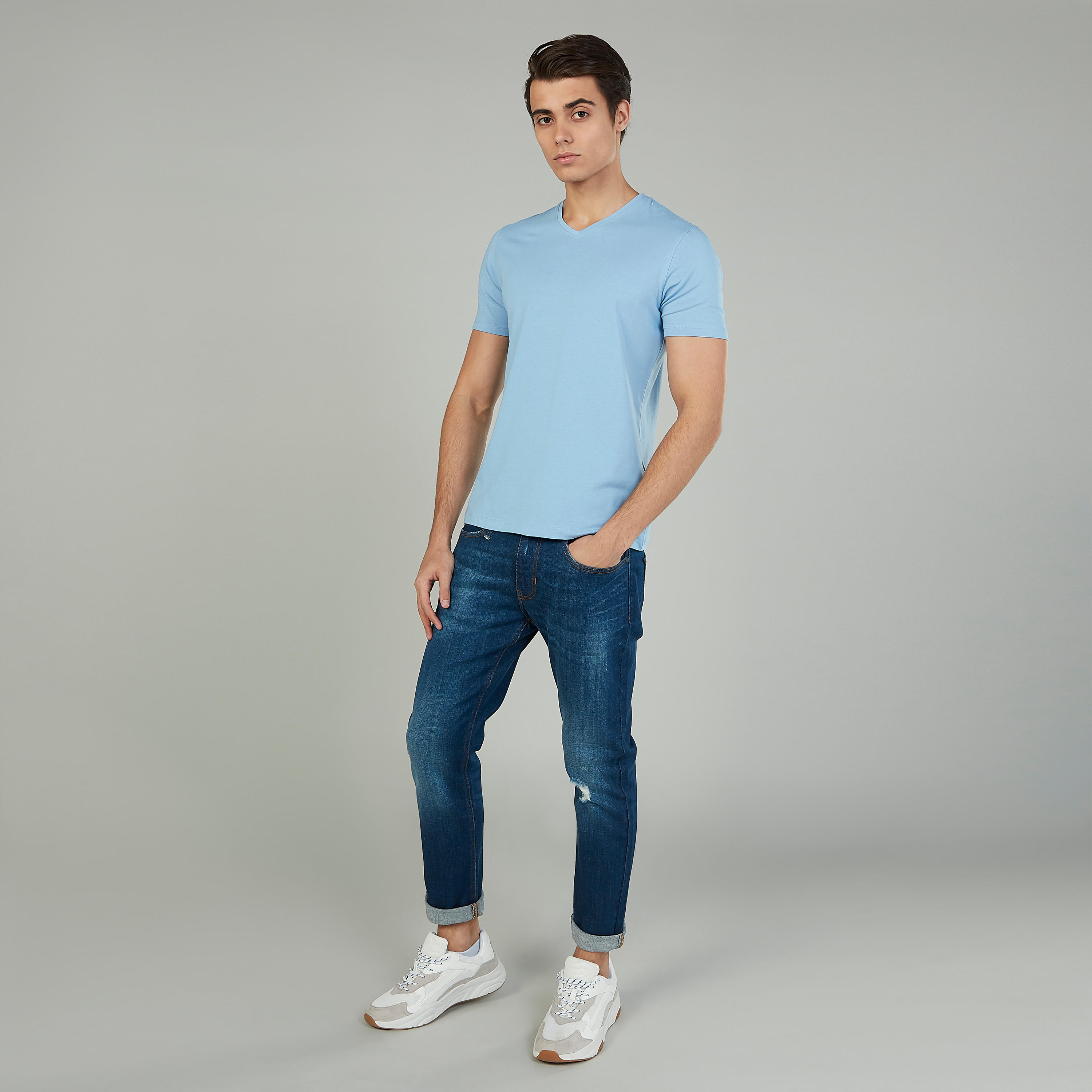 Plain T-shirt with V-neck and Short Sleeves-men-clothing-tshirtsandpolos-tshirts-image-2