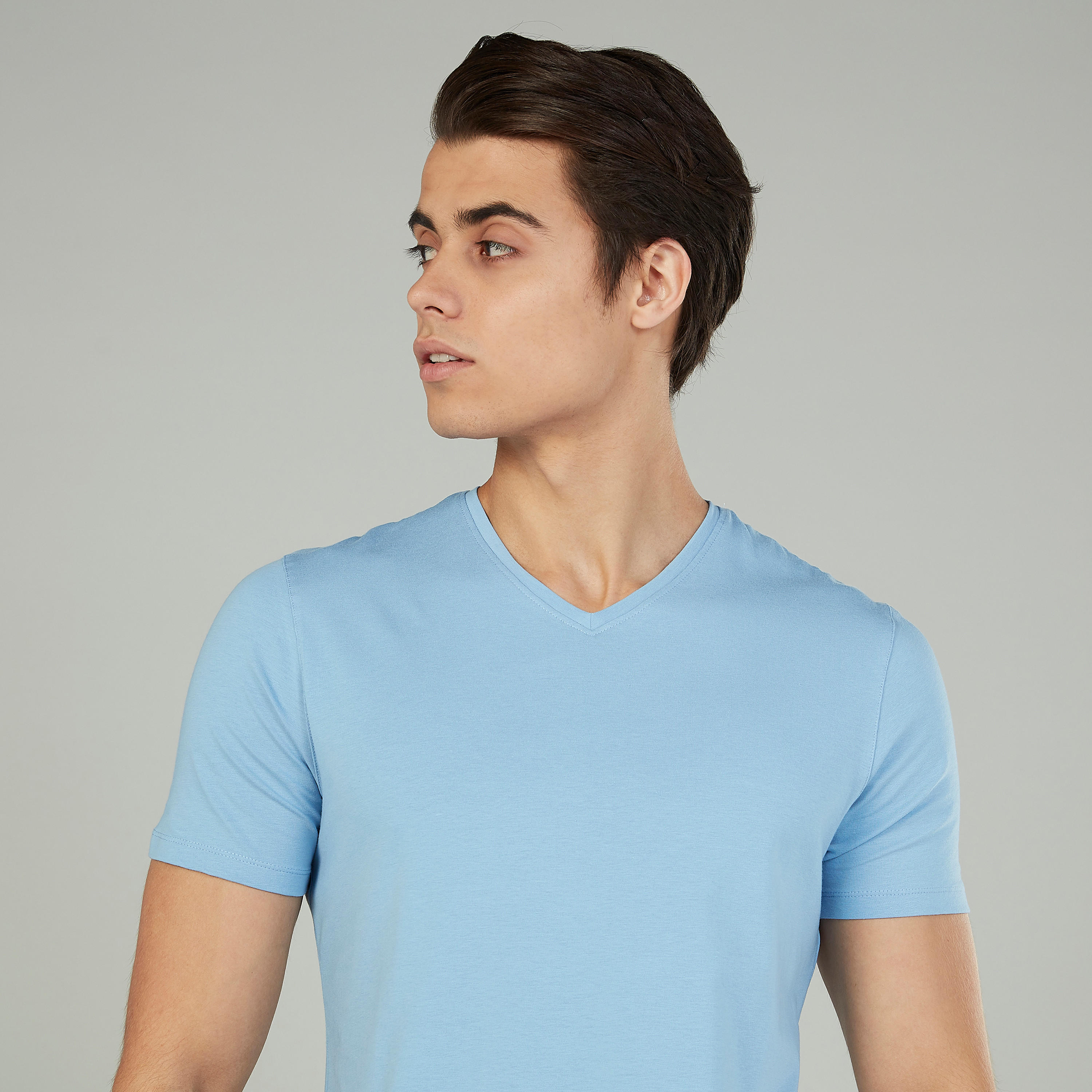 Plain T-shirt with V-neck and Short Sleeves-men-clothing-tshirtsandpolos-tshirts-image-3