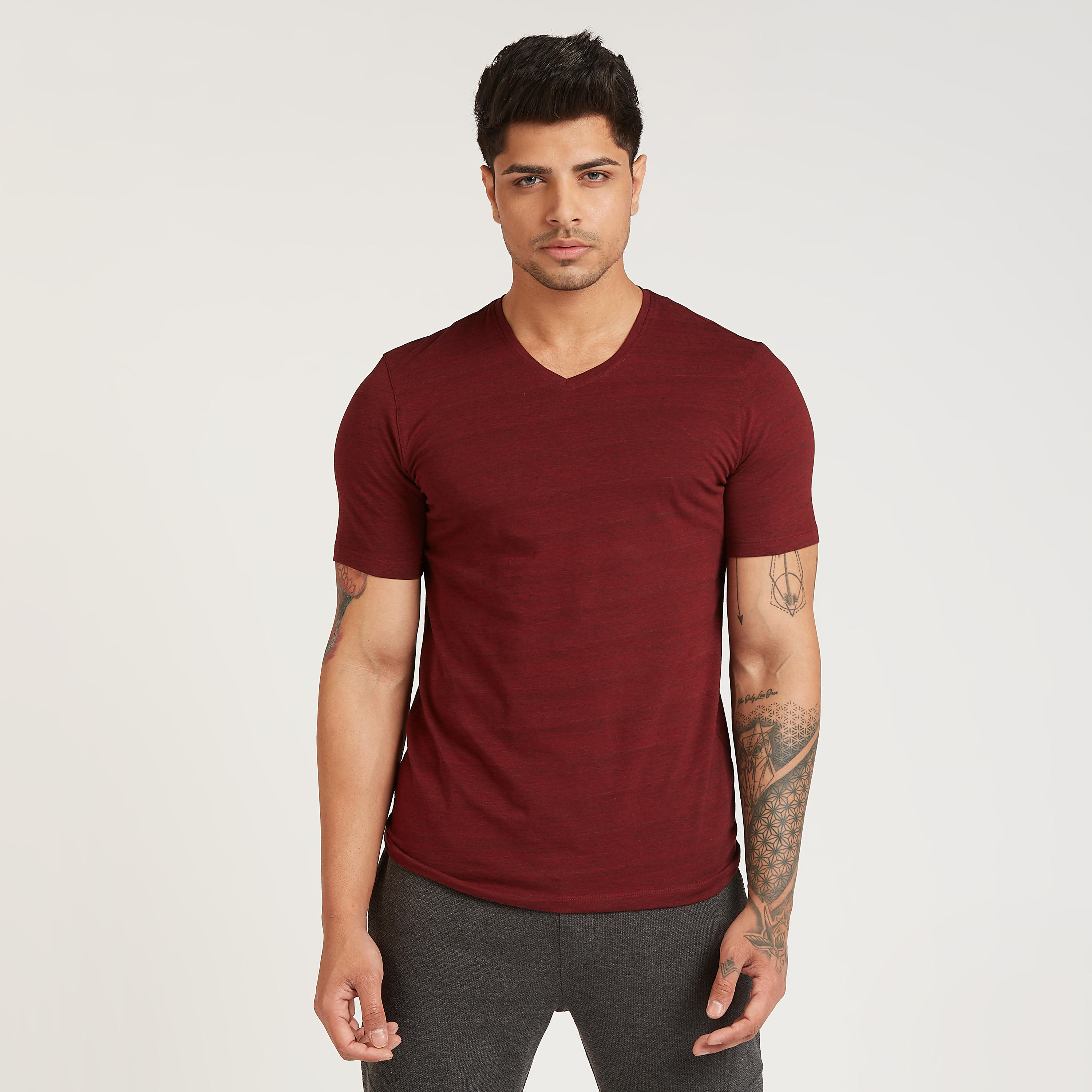 Melange Printed T-shirt with V-neck and Short Sleeves-men-clothing-tshirtsandpolos-tshirts-image-4