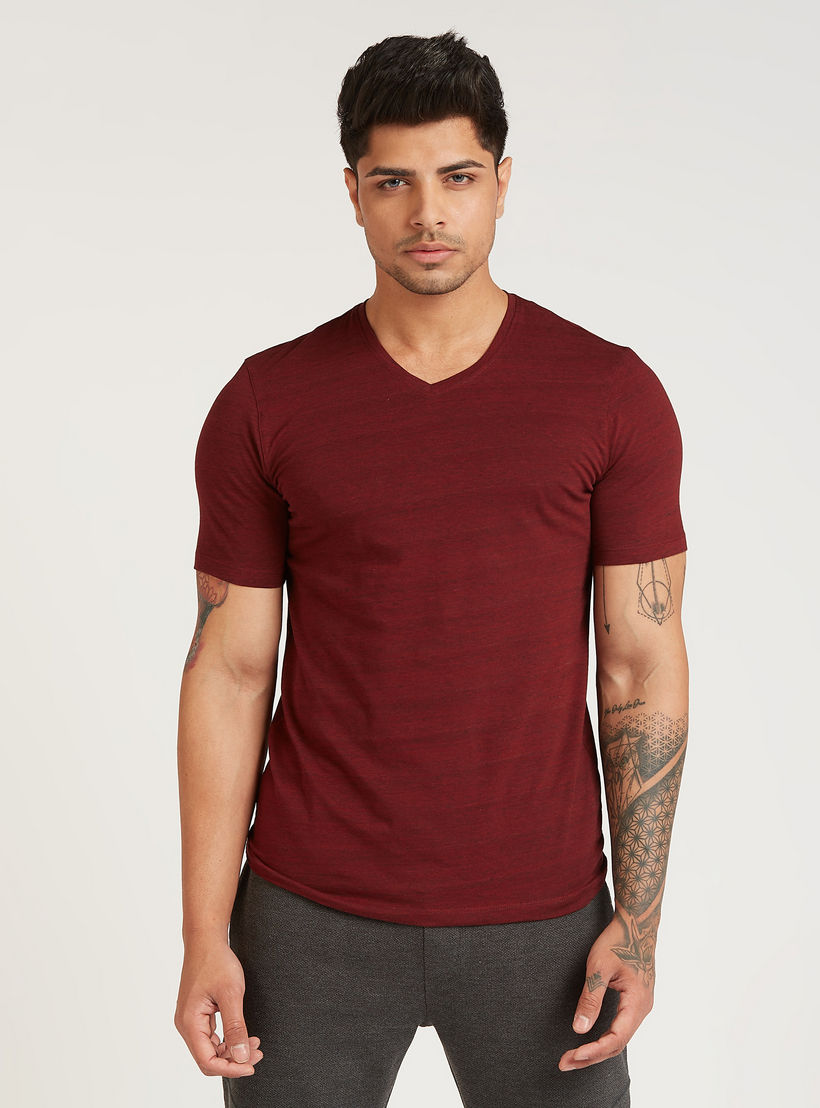 Melange Printed T-shirt with V-neck and Short Sleeves-men-clothing-tshirtsandpolos-tshirts-image-4