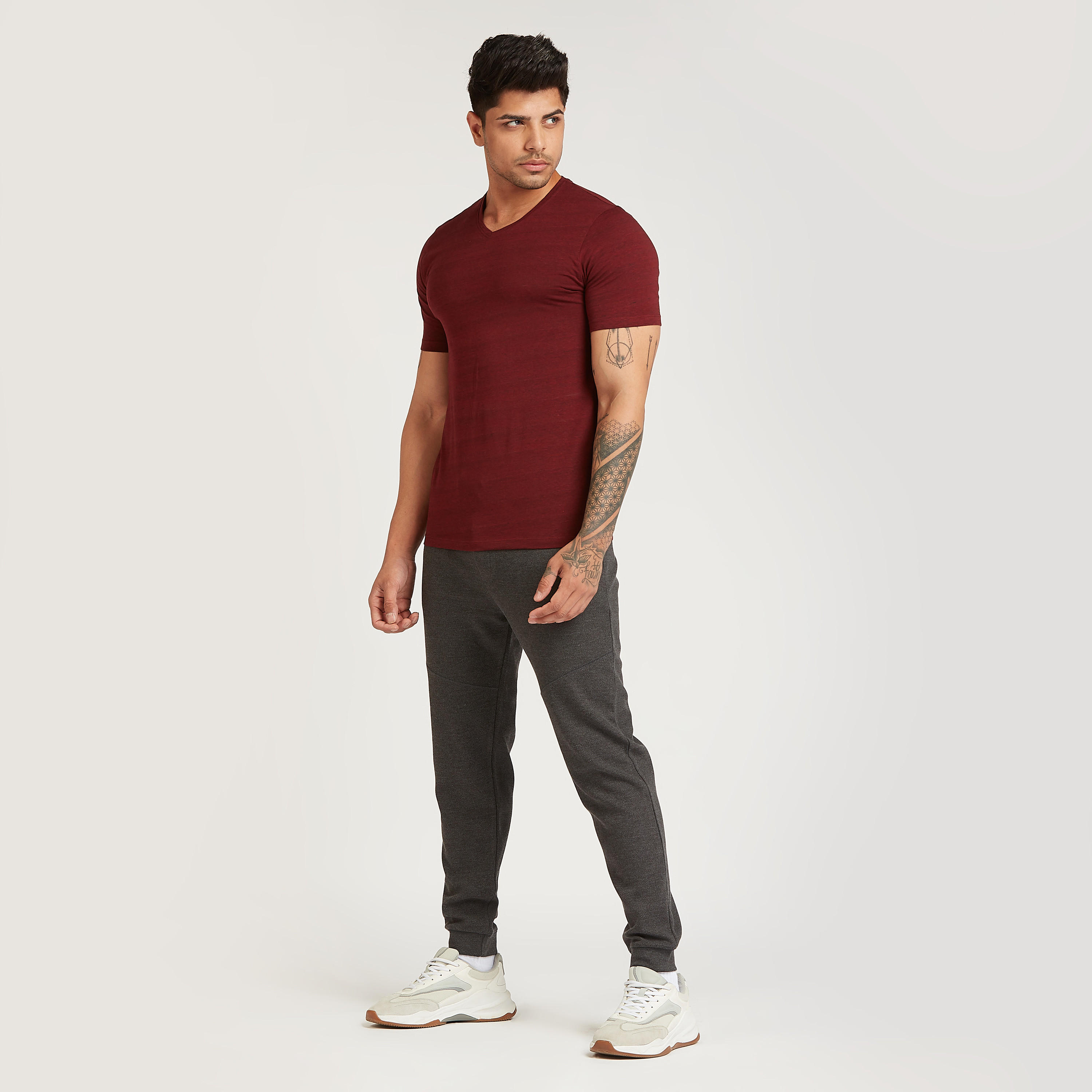 Melange Printed T-shirt with V-neck and Short Sleeves-men-clothing-tshirtsandpolos-tshirts-image-3