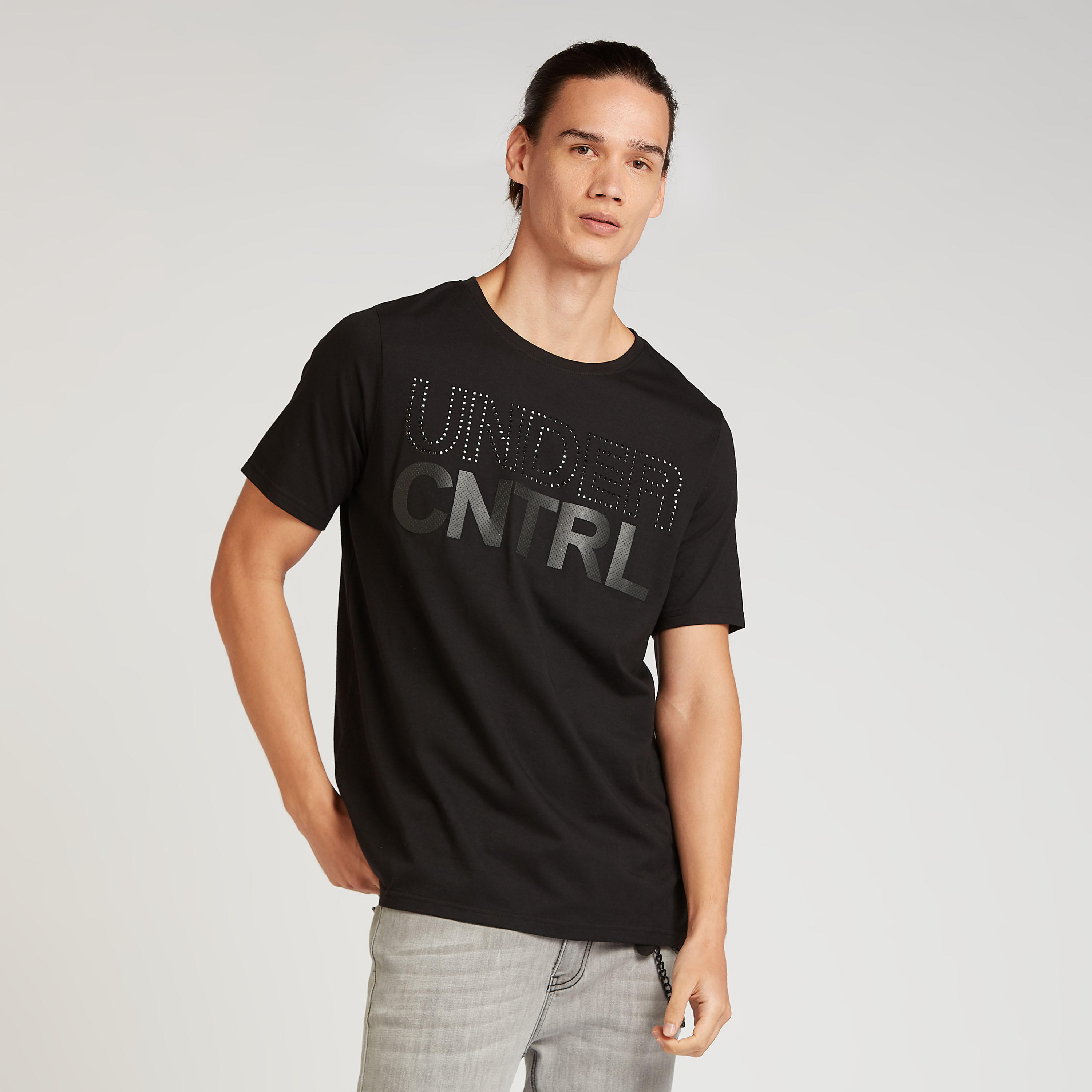Embellished Detail T-shirt with Crew Neck and Short Sleeves-men-clothing-tshirtsandpolos-tshirts-image-1