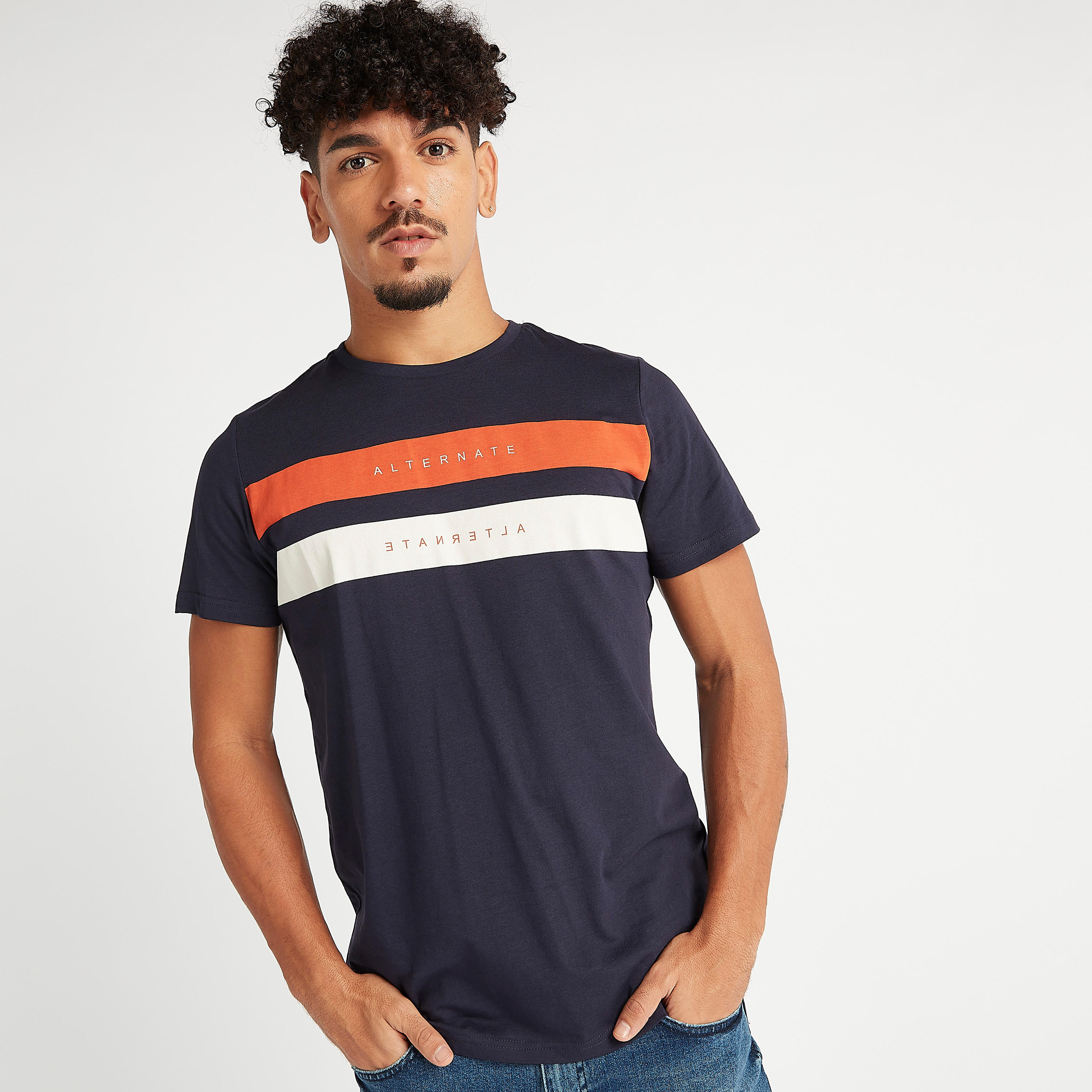 Printed Crew Neck T-shirt with Short Sleeves-men-clothing-tshirtsandpolos-tshirts-image-1