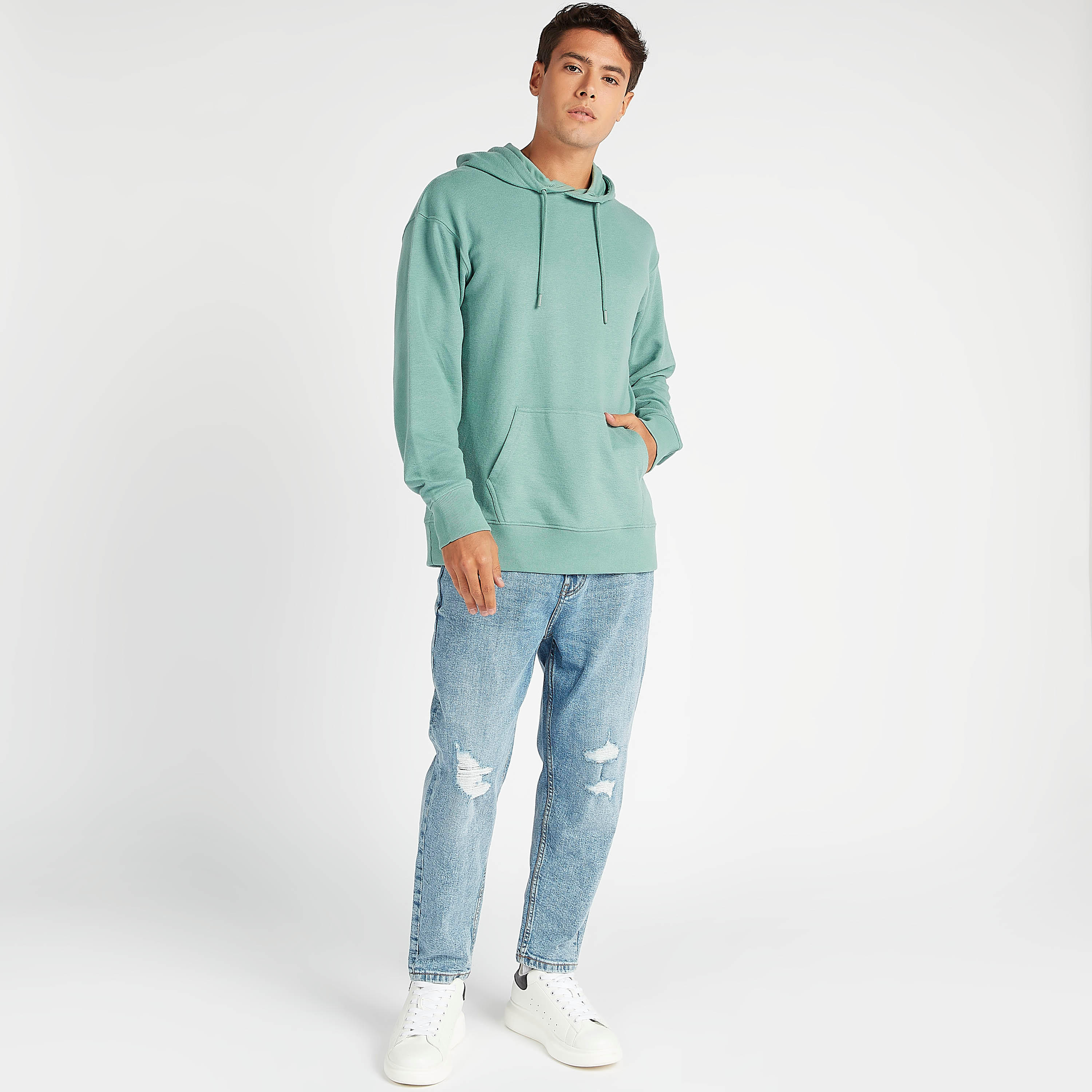 Sustainable Solid Hoodie with Long Sleeves and Kangaroo Pockets-men-winterwear-hoodiesandsweatshirts-image-2
